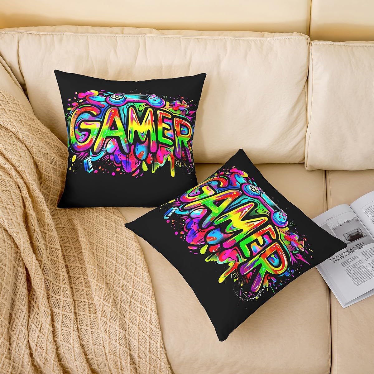 Thumbnail 1 de Loussiesd Kinder Gamer Kissenbezüge 40x40 cm – 2er Set, bunte Graffiti Designs
