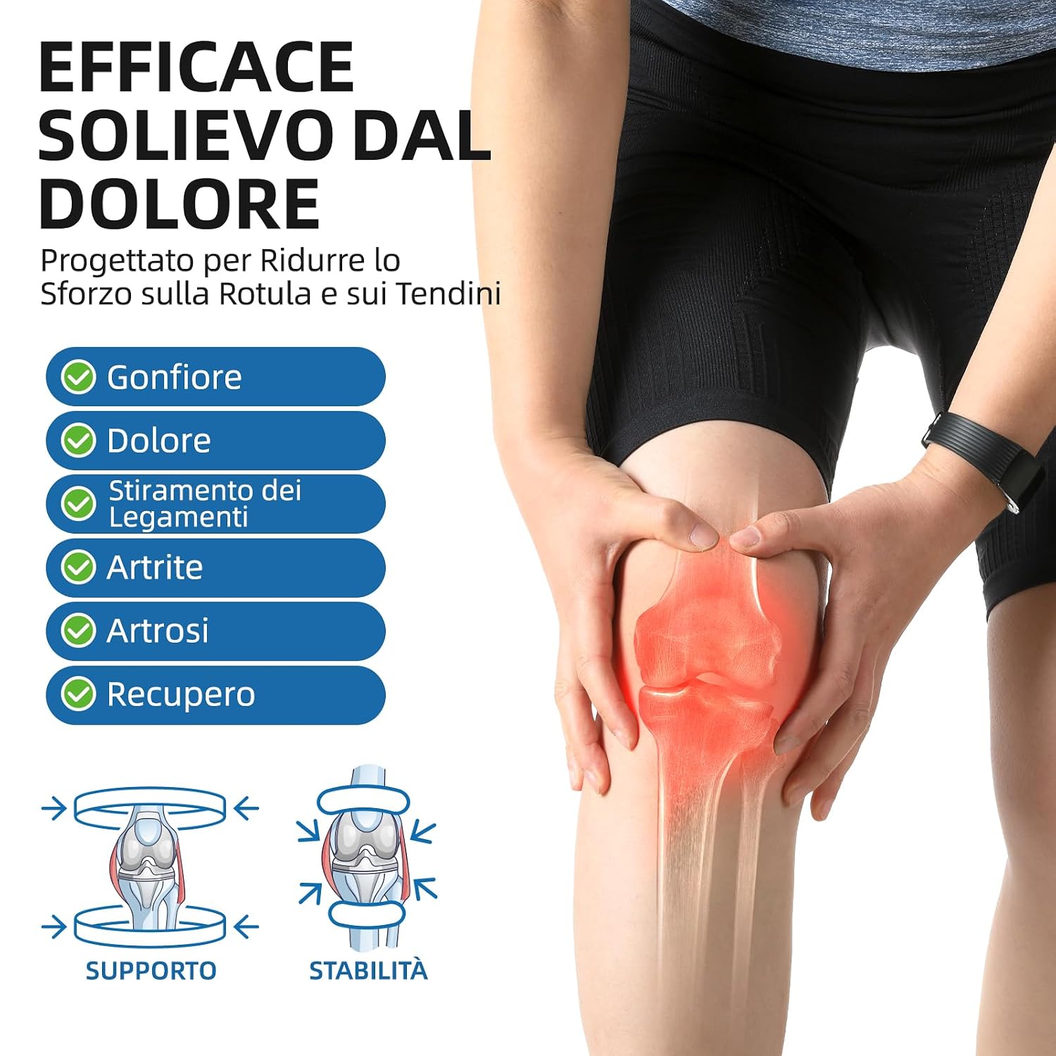 Detalle 2 de CAMBIVO Ginocchiera Ortopedica con Doppio Cuscinetto in Gel e Stabilizzatori a Molla