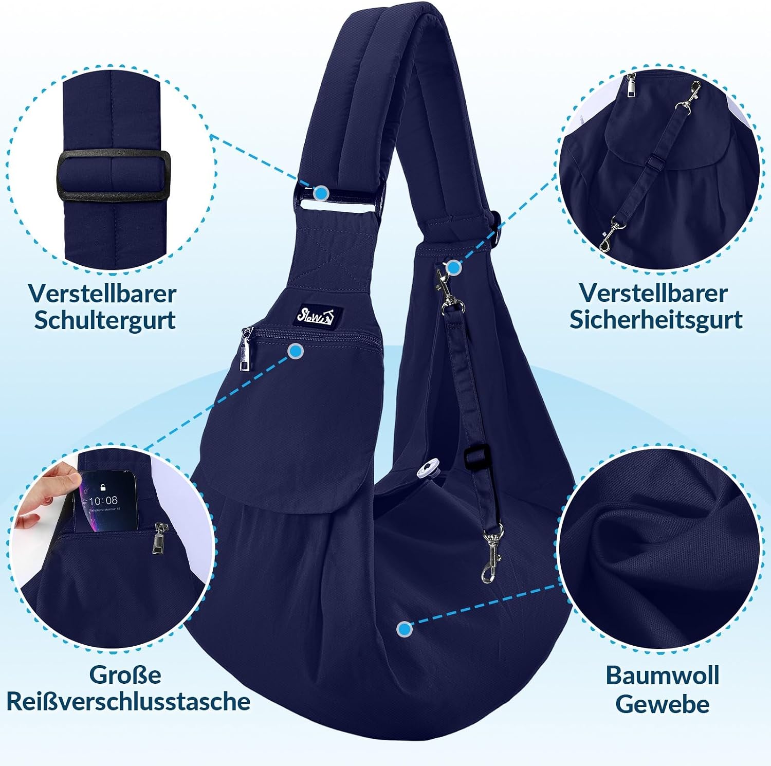 Detalle de SlowTon Hundetragetasche Sling Carrier – dunkelblau, gepolsteter und verstellbarer Schultergurt (L, für 4,5–7,2 kg)