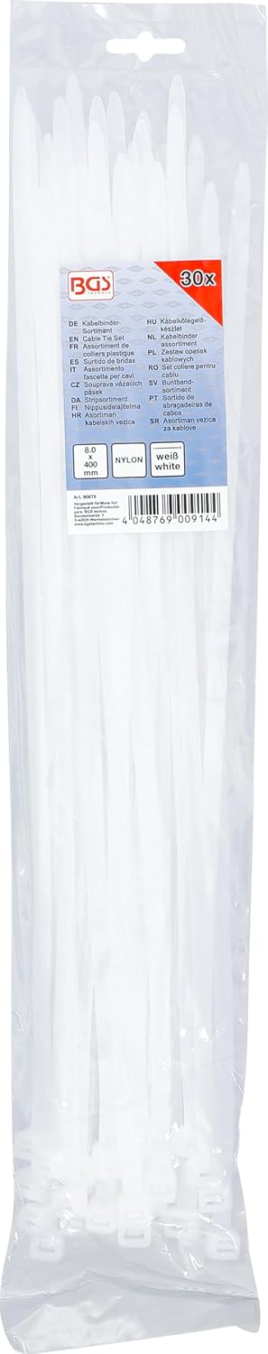 Detalle de BGS 80878 Kabelbinder-Sortiment, 30-tlg., weiß, 8,0 x 400 mm – Nylon 66