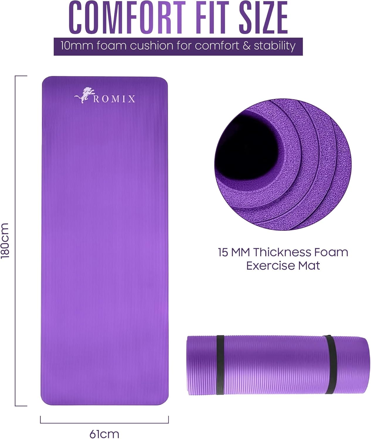 Thumbnail 4 de ROMIX Yoga Mat 15mm Thick Foam Exercise Mat – 183 x 60 cm, Non-Slip with Carry Bag