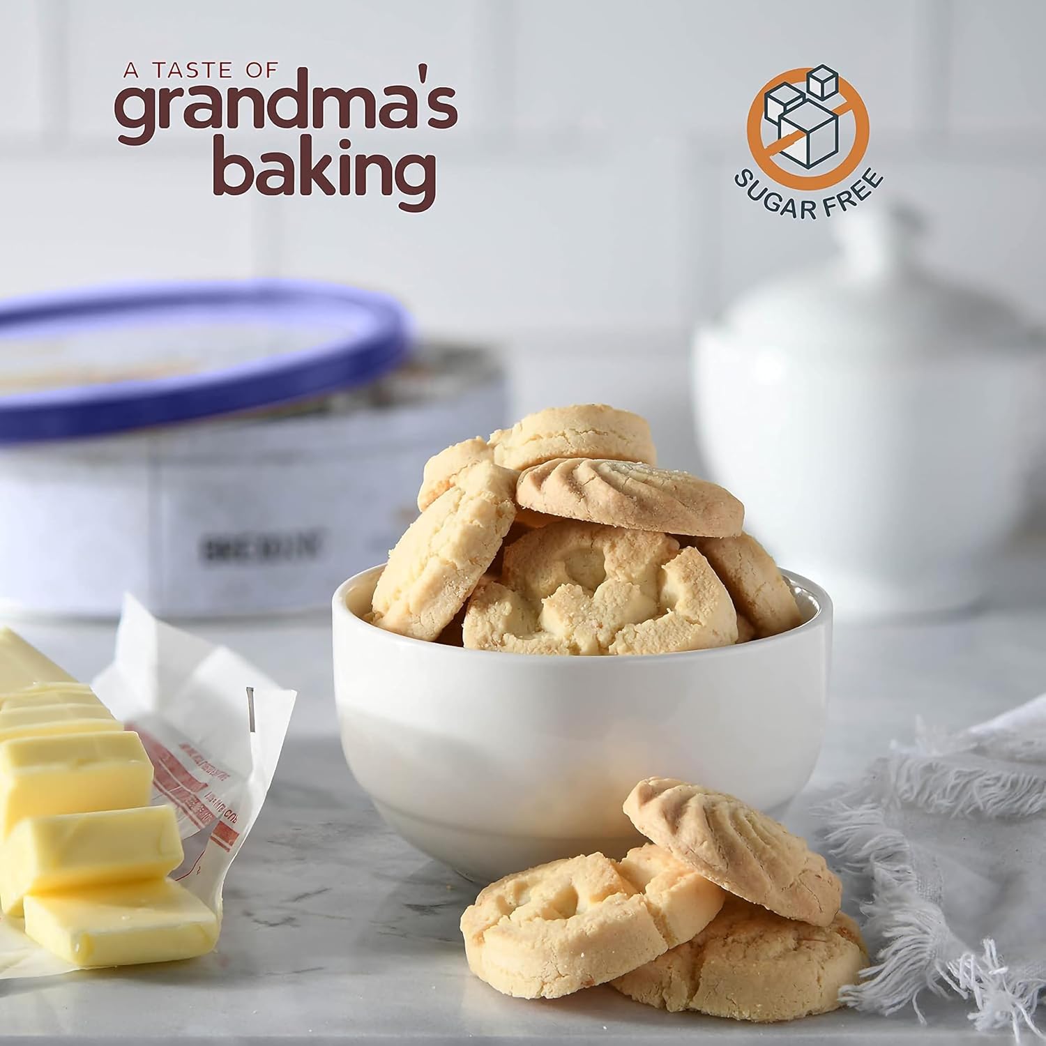 Detalle de BREXONIC Sugar-Free Butter Cookies, 36-Count Danish Shortbread in a Tin
