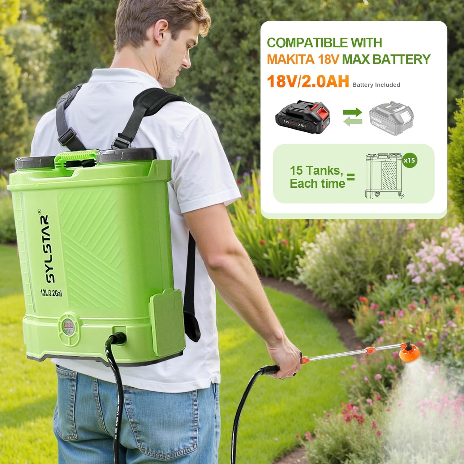 Detalle de SYLSTAR Drucksprüher 12L – 5,5 Bar, kompatibel mit Makita 18V Akkus, 5 Düsen, Ladegerät inklusive