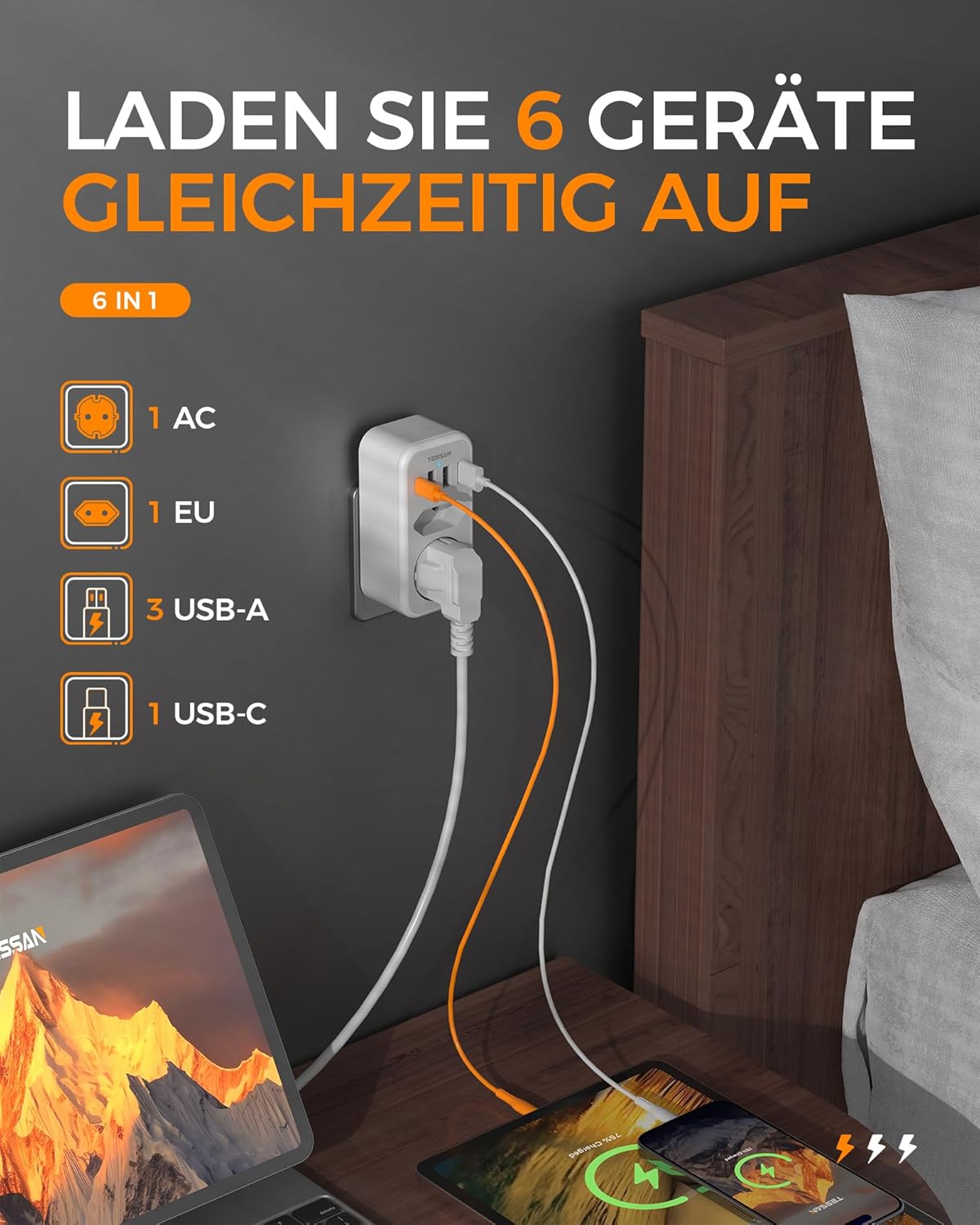 Thumbnail 3 de TESSAN Adapter Schweiz Deutschland 6-in-1: USB-C + 3 USB-A, Reisestecker Typ J