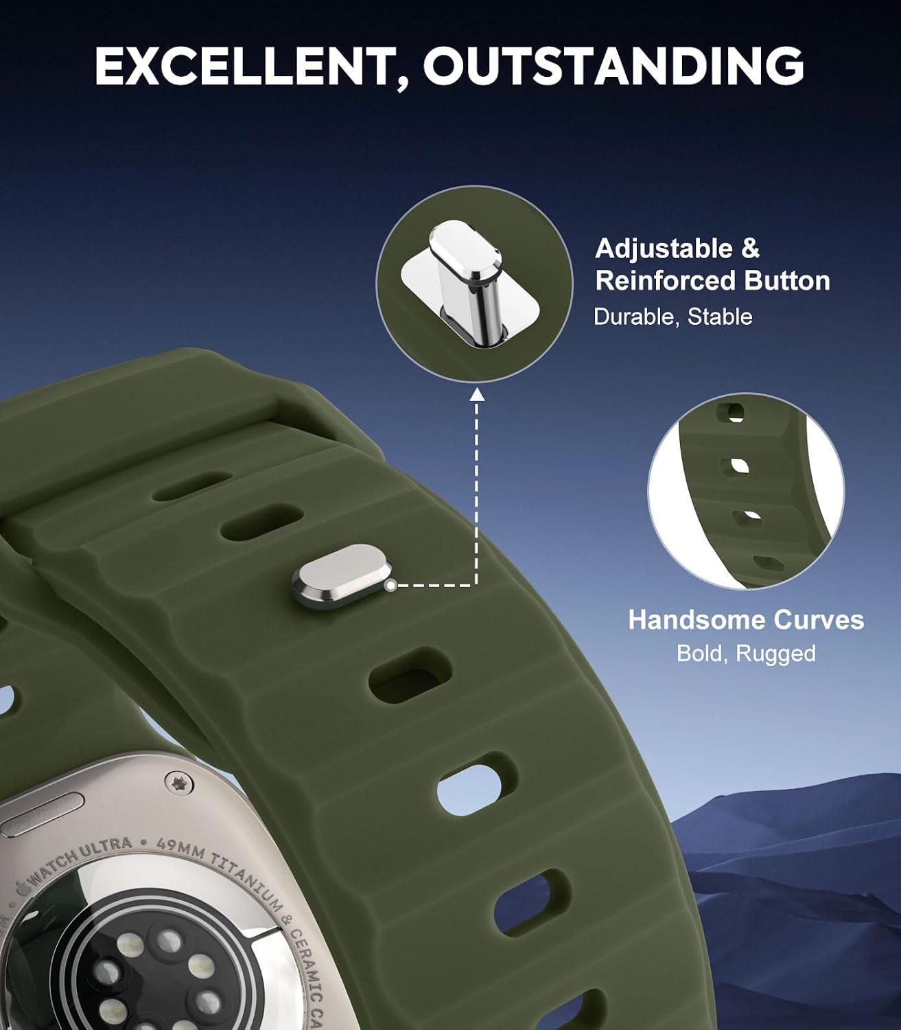 Detalle de MoKo Ocean Bands silicone replacement strap for Apple Watch Ultra 2, Series 9/8/7/6/5/4/3/SE (49mm–42mm)