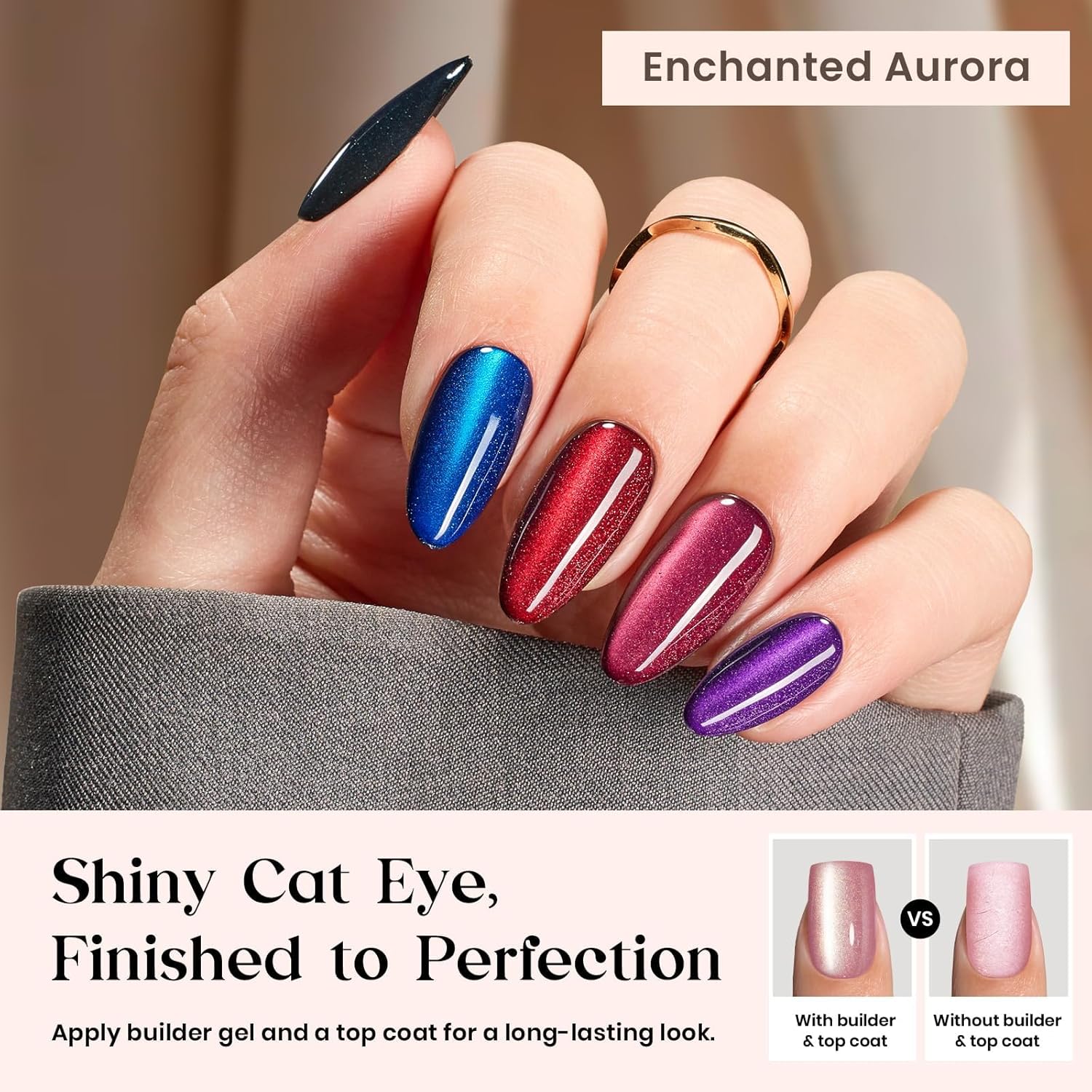 Detalle 2 de Beetles Enchanted Aurora Cat Eye Press On Nails (Gel Polish) — Medium Almond, 7 Colors, 16 Sizes, 224 Pieces