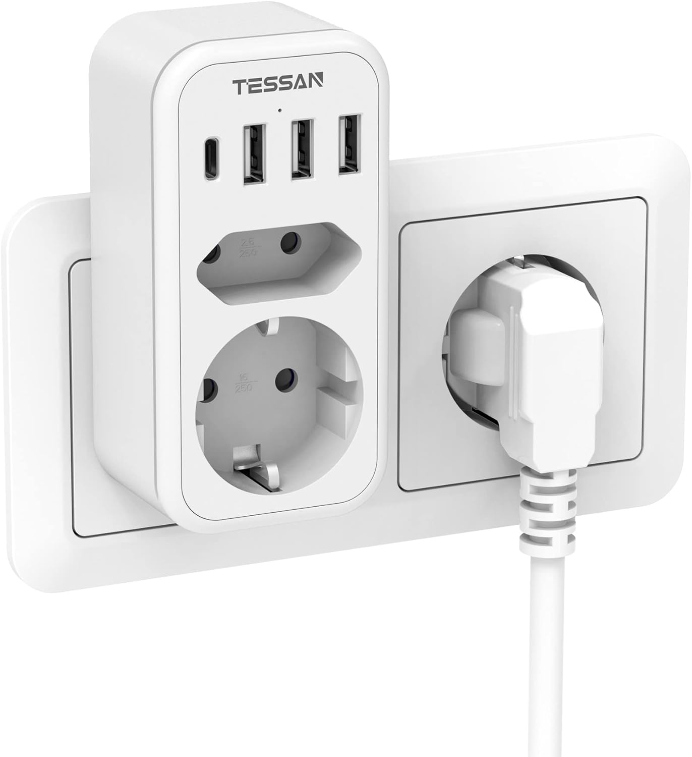 Detalle de Doppelstecker für Steckdose von TESSAN – 2 Fach mit USB-C & USB Anbindung