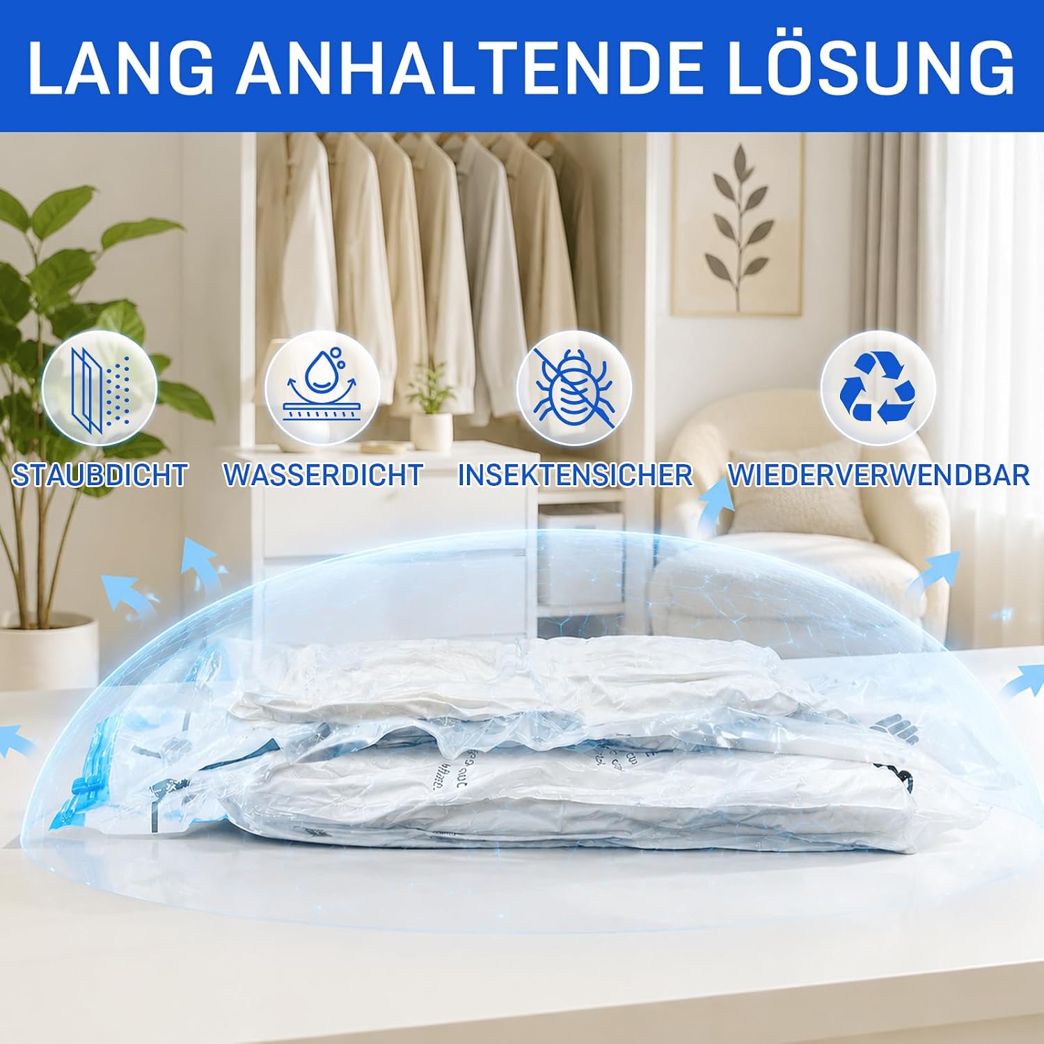 Detalle 2 de Captainfive Vakuumbeutel für Kleidung und Bettdecken – 12 Stück in 3 Größen (4×100×80 cm, 4×80×61 cm, 4×60×41 cm) mit Pumpe