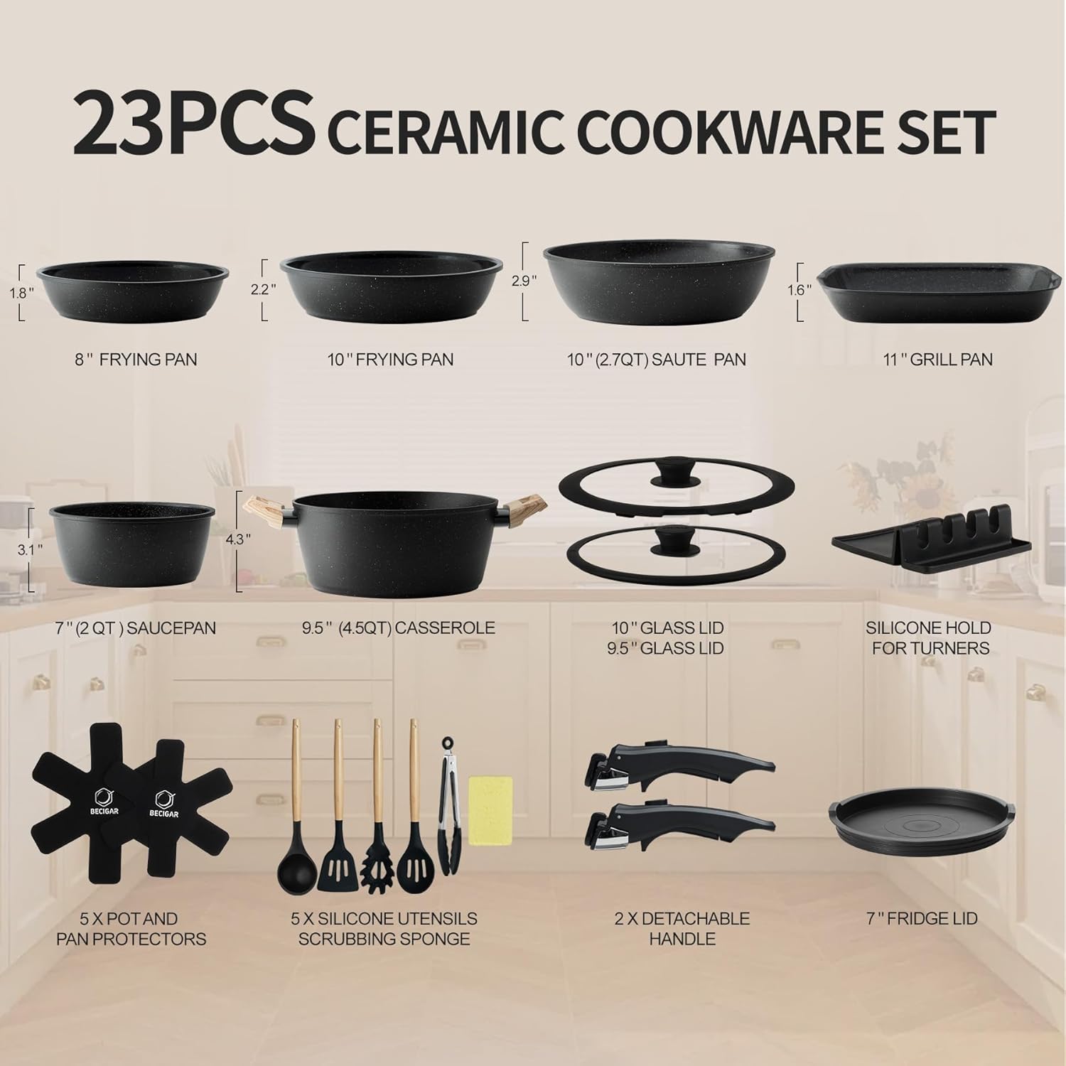Thumbnail 3 de BECIGAR 23-Piece Ceramic Nonstick Pots and Pans Set with Detachable Handle (Induction-Compatible, Oven-Safe) — Black