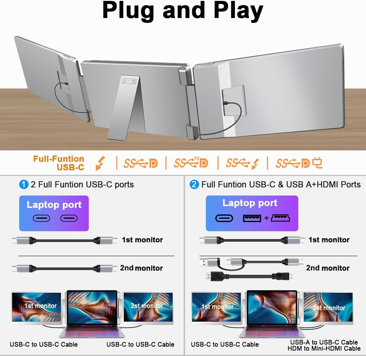 Thumbnail 4 de FQQ 14" Laptop Screen Extender (FHD IPS) Triple-Screen Portable Monitor for 12"–16.5" Laptops
