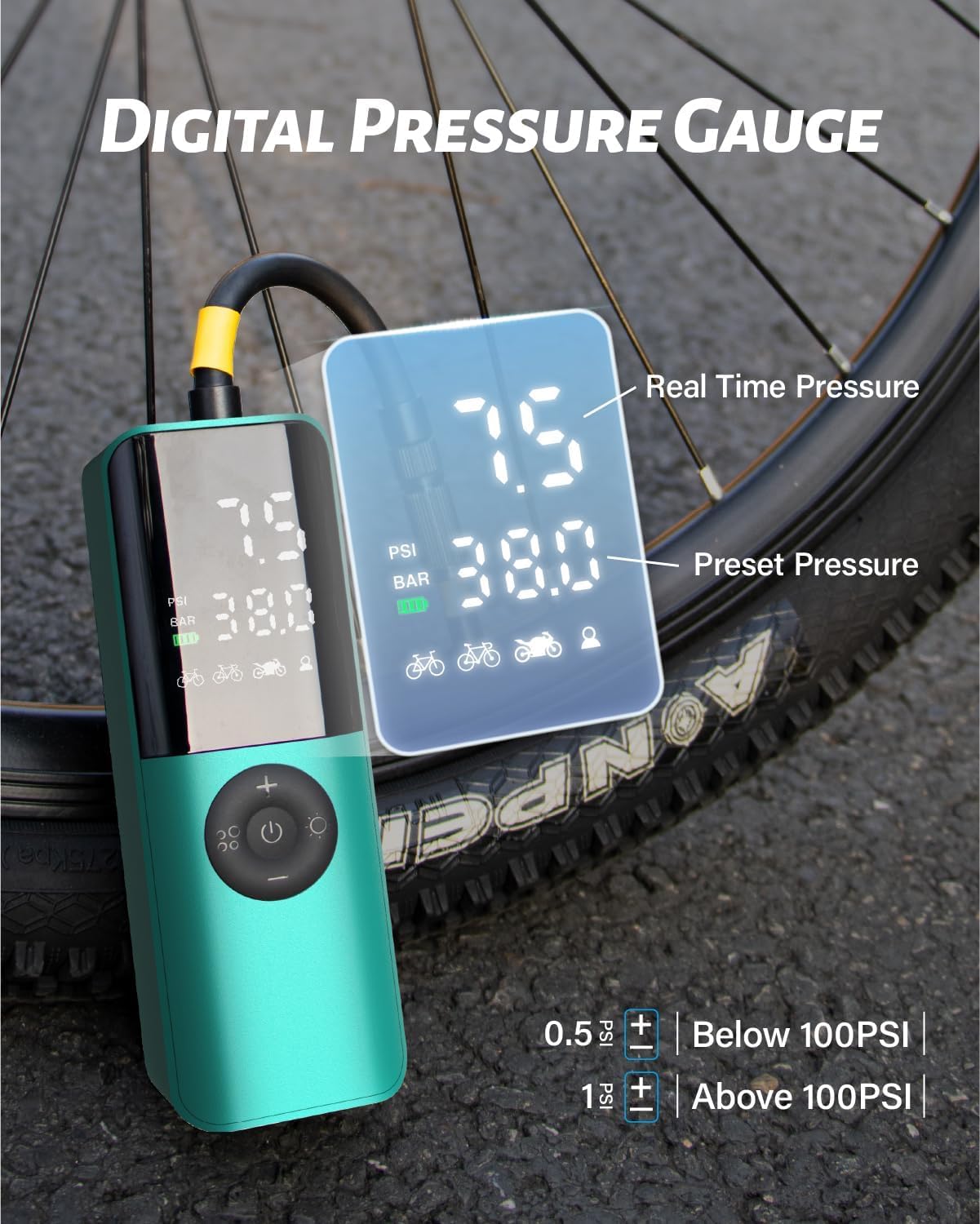 Thumbnail 2 de GPUTEK Electric Bike Pump with Digital Gauge — 150 PSI, Portable, All-Valve Compatibility