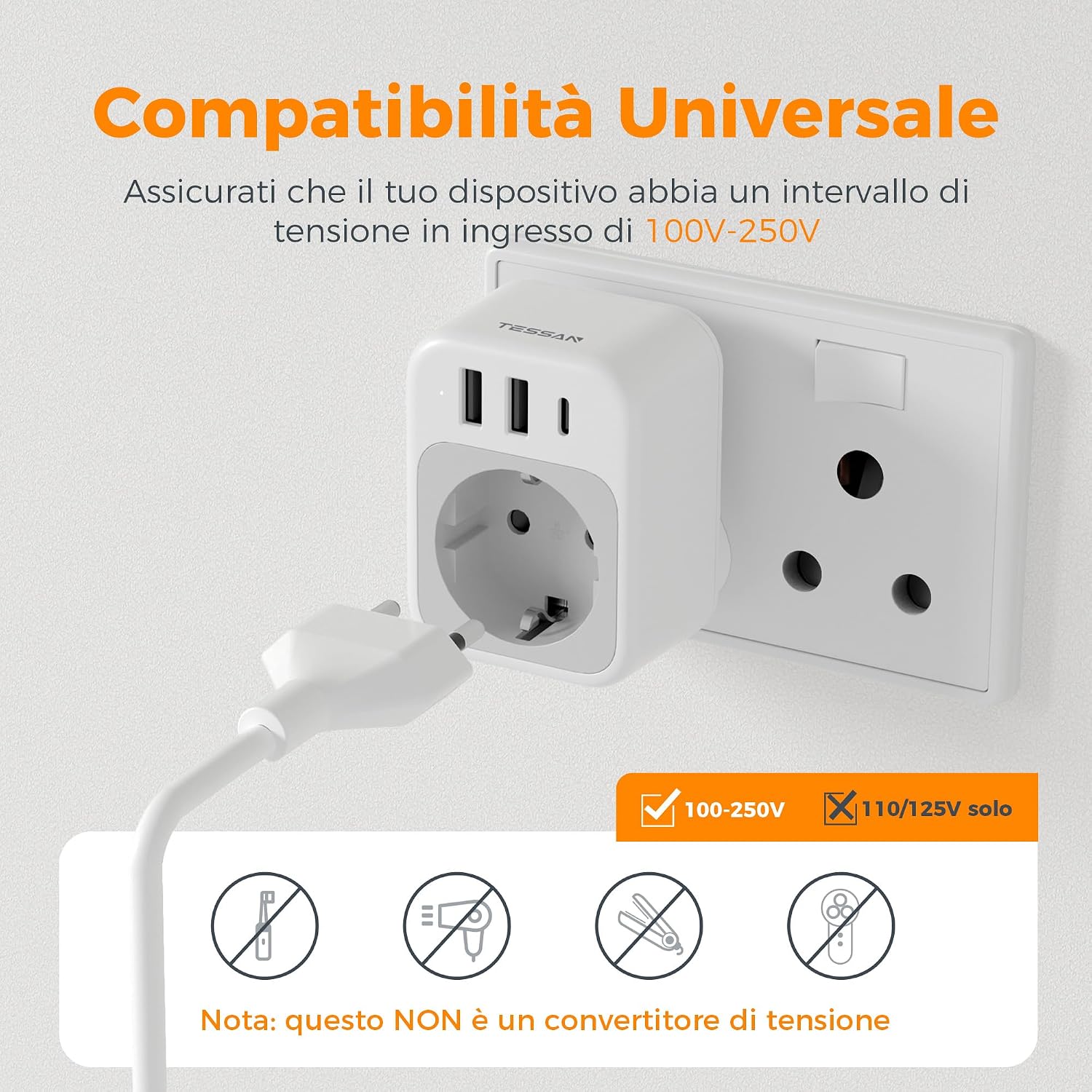 Detalle 2 de TESSAN 2 Pack Adattatore Sudafrica e Namibia: 4 in 1 con USB-C e USB-A, Spina Tipo M, 2500 W