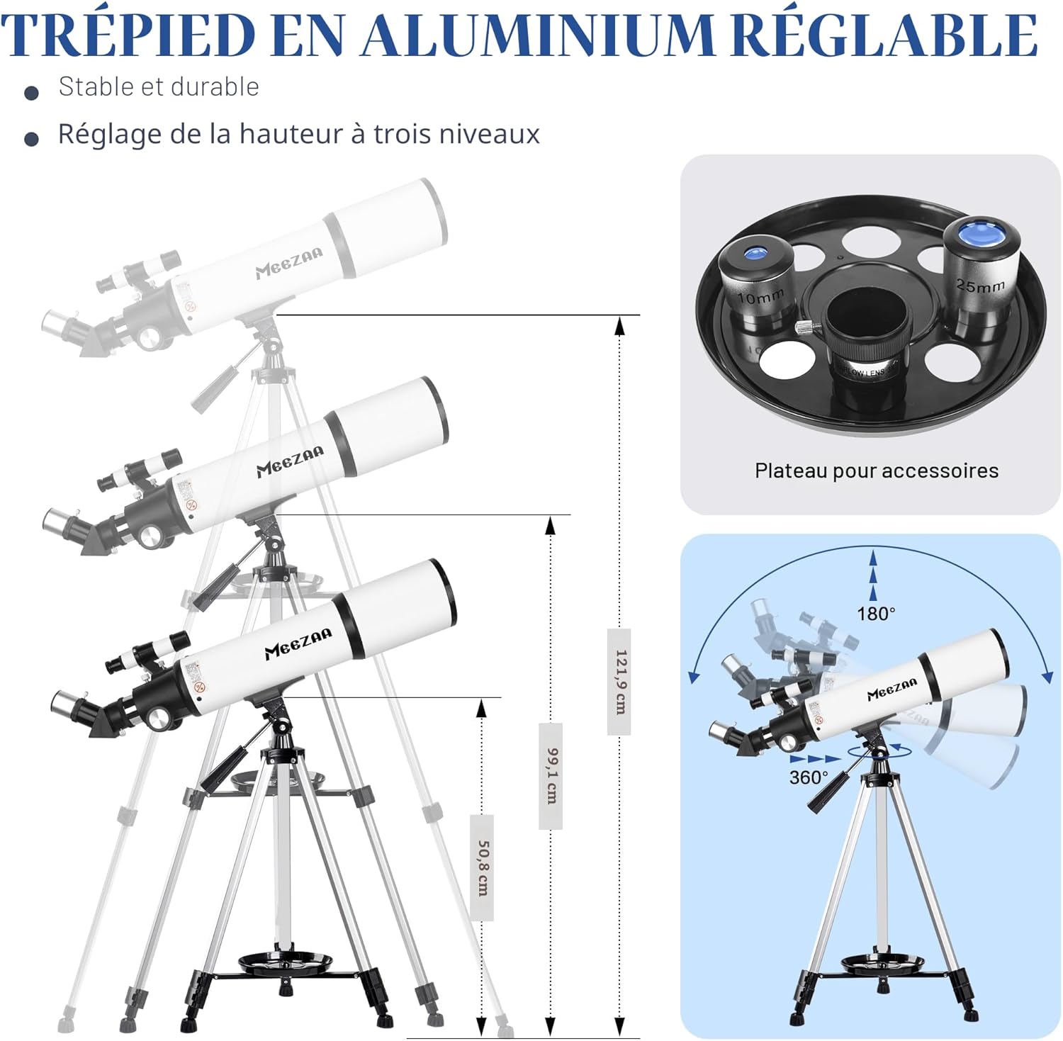 Detalle de MEEZAA Télescope Astronomique 80/600mm — Réfracteur Portable pour Débutants et Enfants, 24x–180x avec Trépied et Adaptateur Téléphone