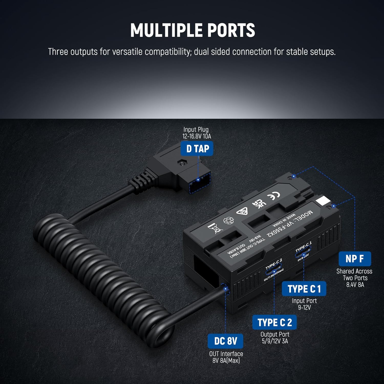 Detalle 2 de NEEWER Adaptateur de batterie factice double face avec écran – D-Tap vers répartiteur USB-C et sorties NP-F