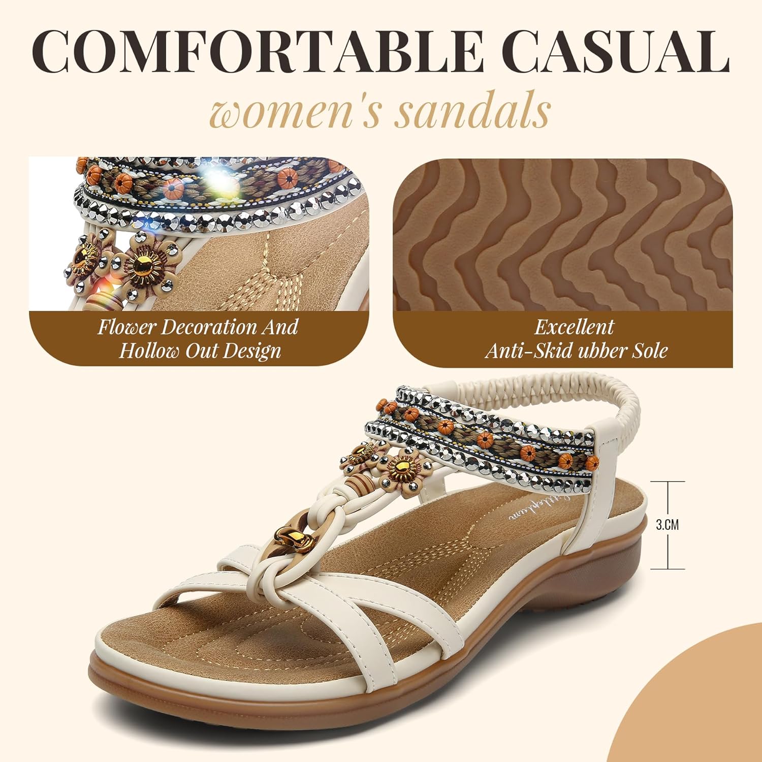 Thumbnail 5 de Littleplum Damen-Sandalen mit T-Strap, Strass/Perlen und elastischen Riemen – Freizeit & Strand