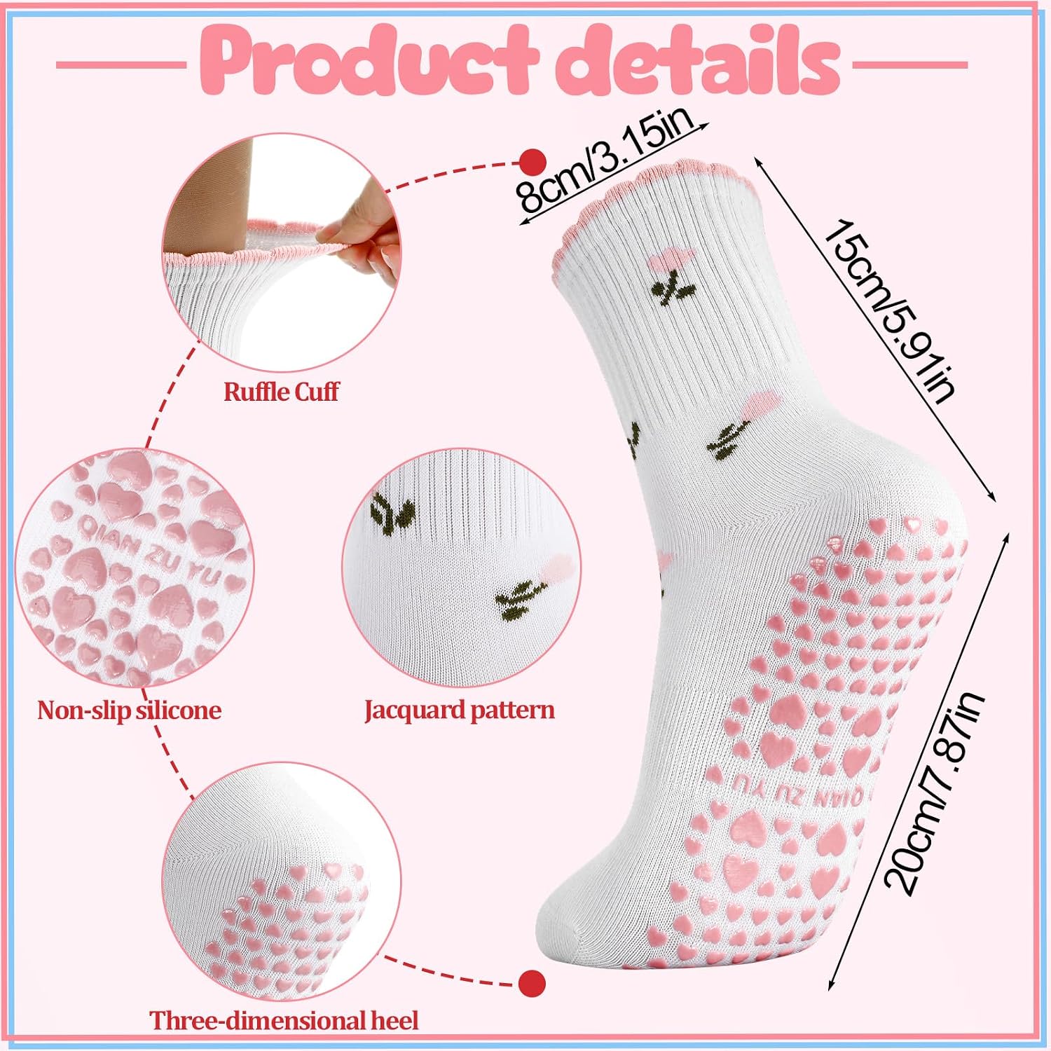 Detalle de Zuimei 4 Pairs Cute Pilates Socks with Grips – Non-Slip Ruffle Yoga Reformer Socks for Home Gym, Barre, Dance and More