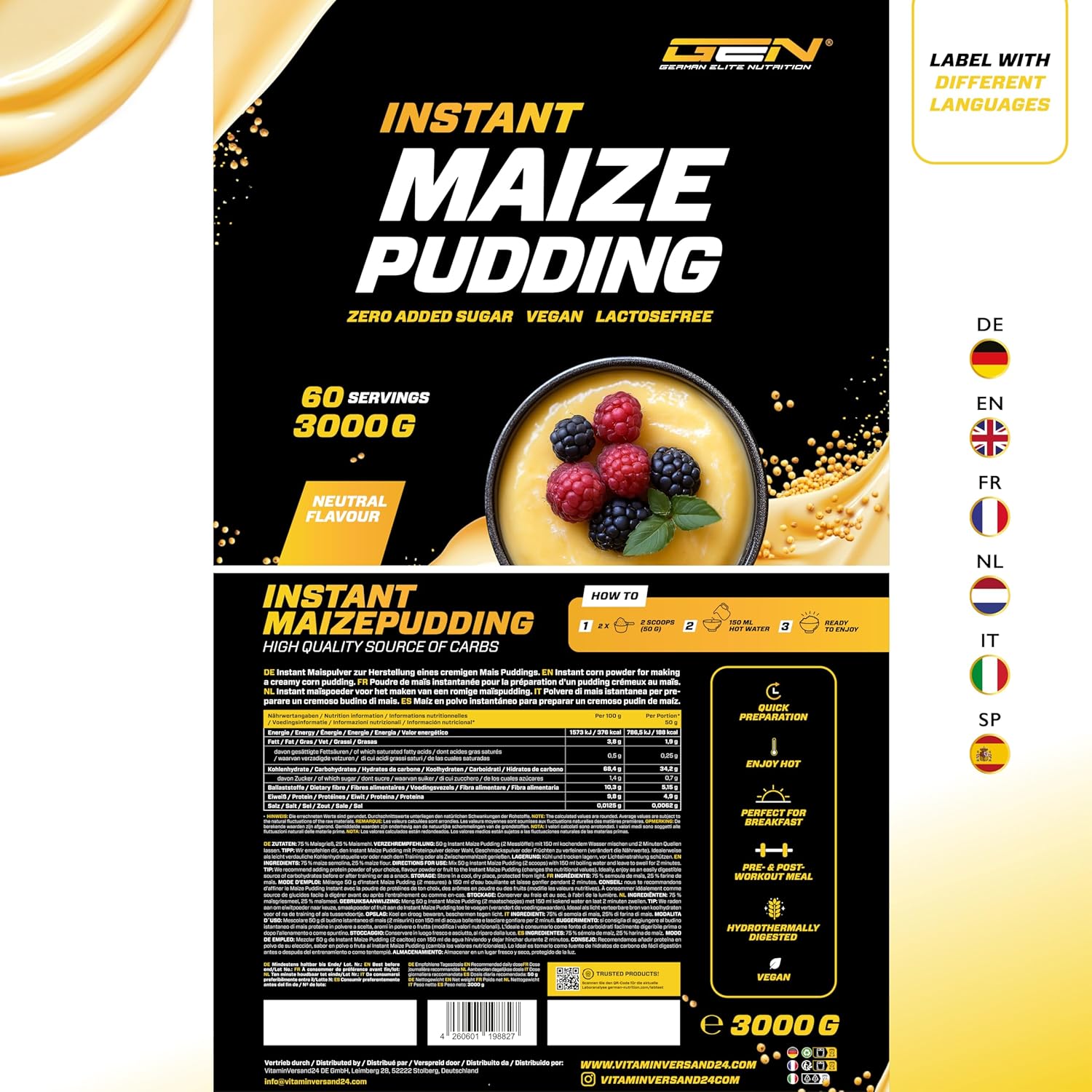 Detalle 2 de Maize Pudding Neutral 3kg – Veganes Maispudding ohne Zucker mit komplexen Kohlenhydraten