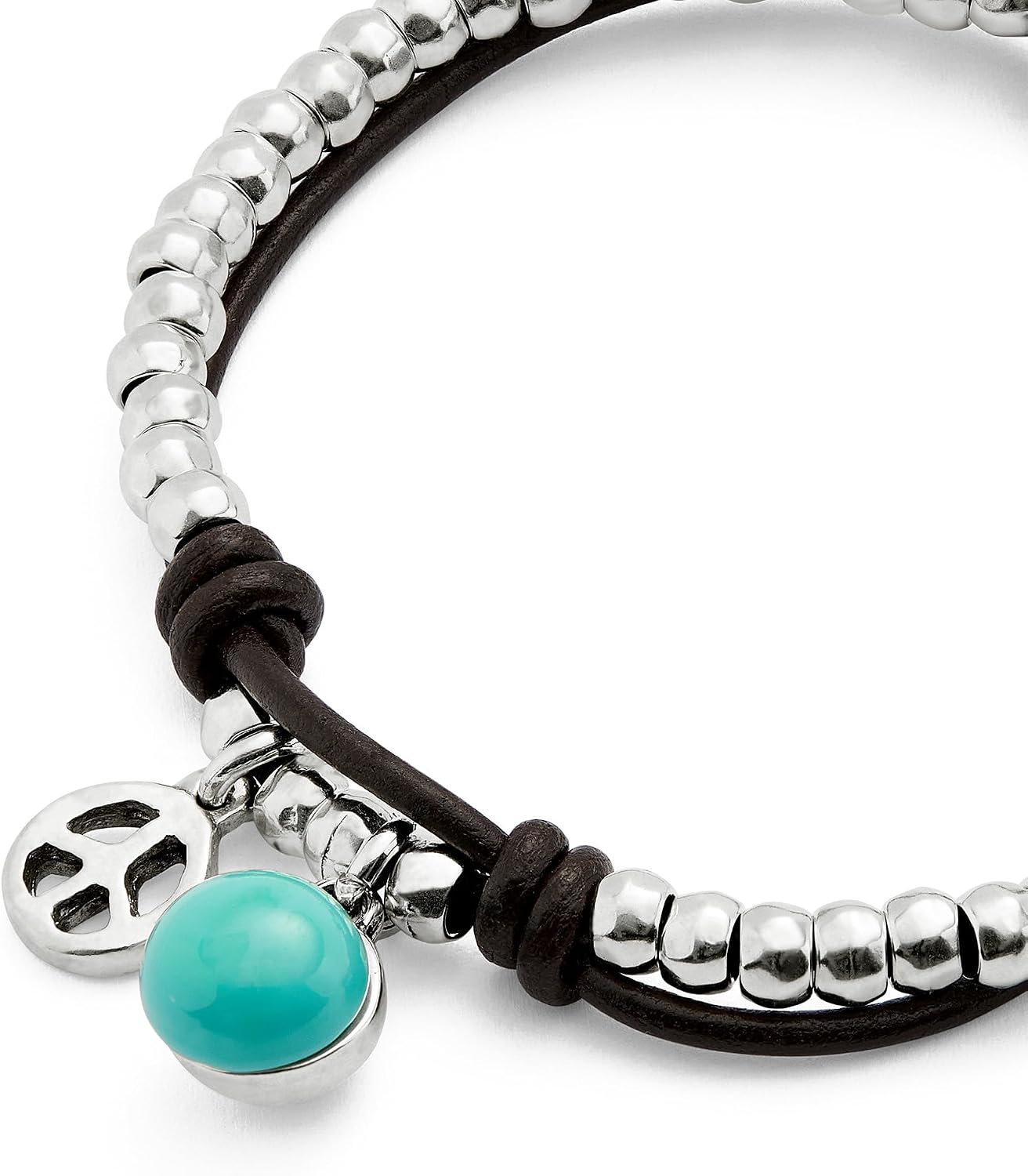 Detalle 2 de UNOde50 Bracciale in argento sterling placcato con perline, pelle e vetro di Murano turchese