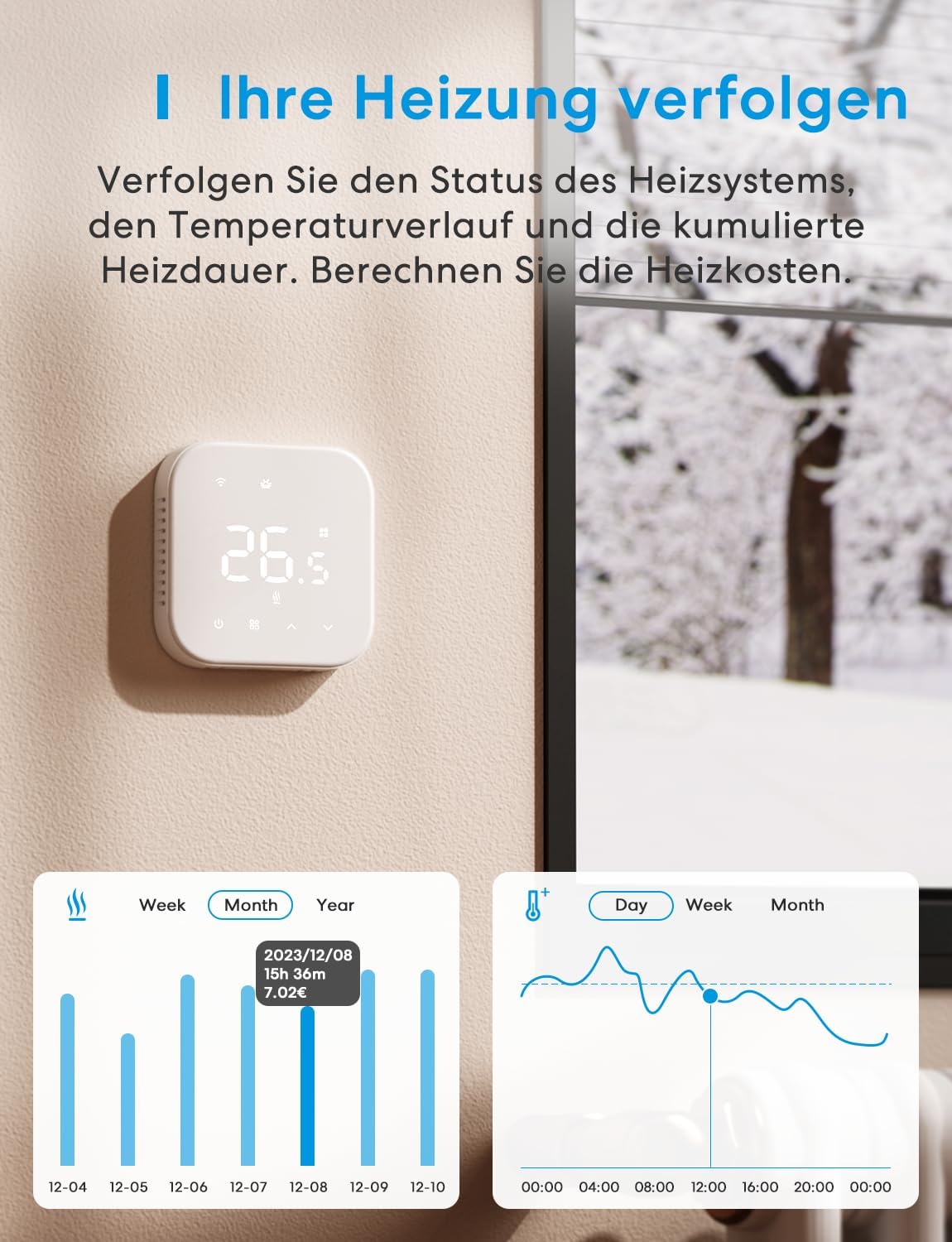 Detalle de Meross Thermostat Matter – Heizungs- und Fußbodenheizungsthermostat (Weiß)