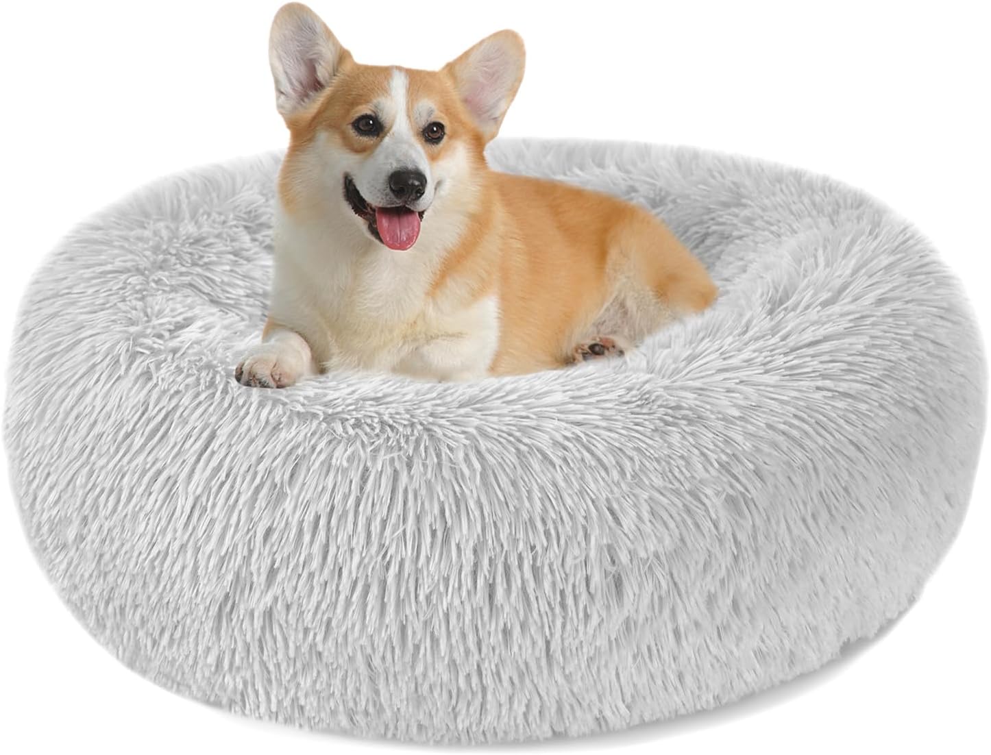 Detalle de Hundebett / Hundekissen Donut rund aus Plüsch (L-60 cm, hellgrau) – waschbar, mit erhöhtem Rand