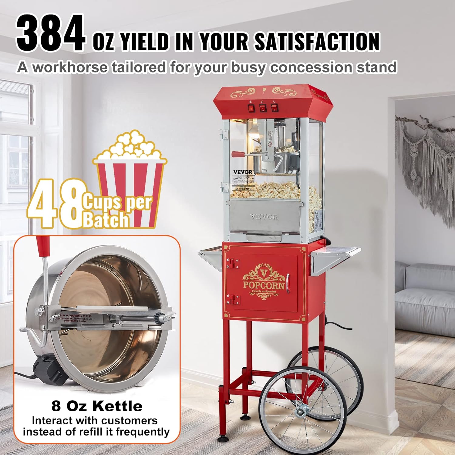 Detalle de VEVOR Machine à Pop Corn avec Chariot – Électrique 850 W, Grand Bol 227 g, 48 Tasses, Verre Trempé, ROUGE