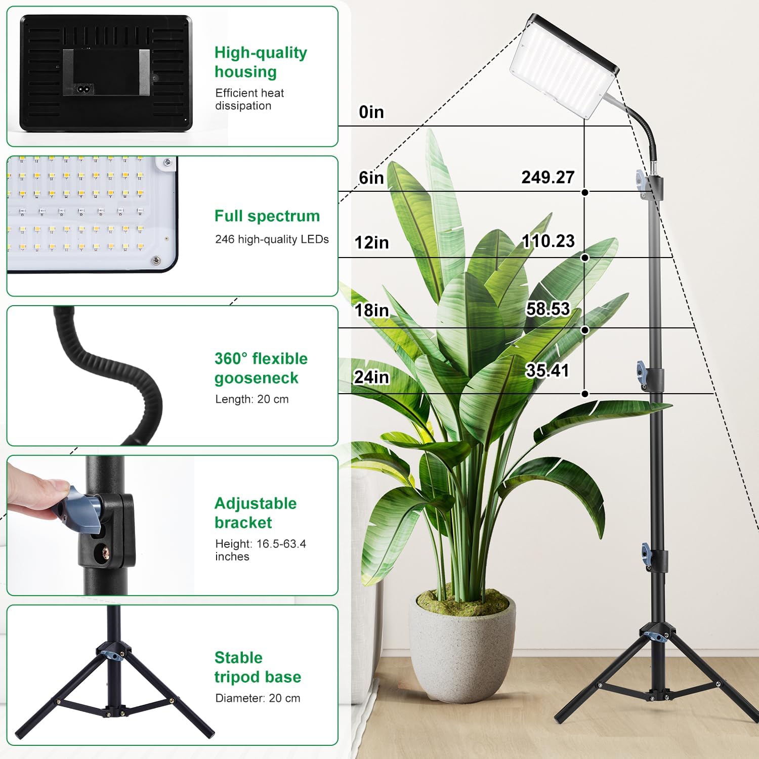 Detalle de zenlavia Pflanzenlampe LED Vollspektrum mit Timer, 246 LEDs und höhenverstellbarem Ständer