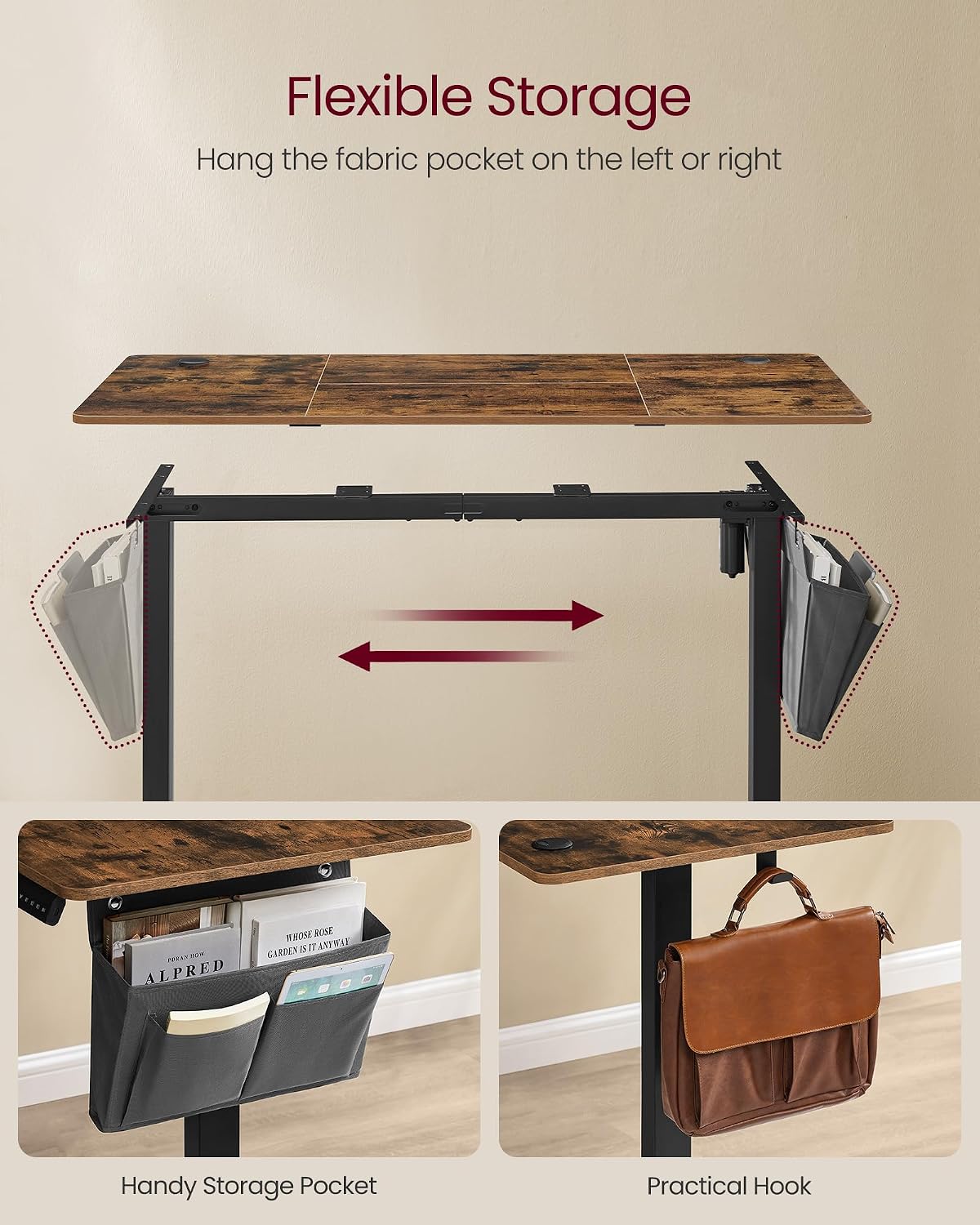 Detalle de VASAGLE Electric Standing Desk LSD134K02: 60 × 140 cm, 72–120 cm height, Rustic Brown & Ink Black