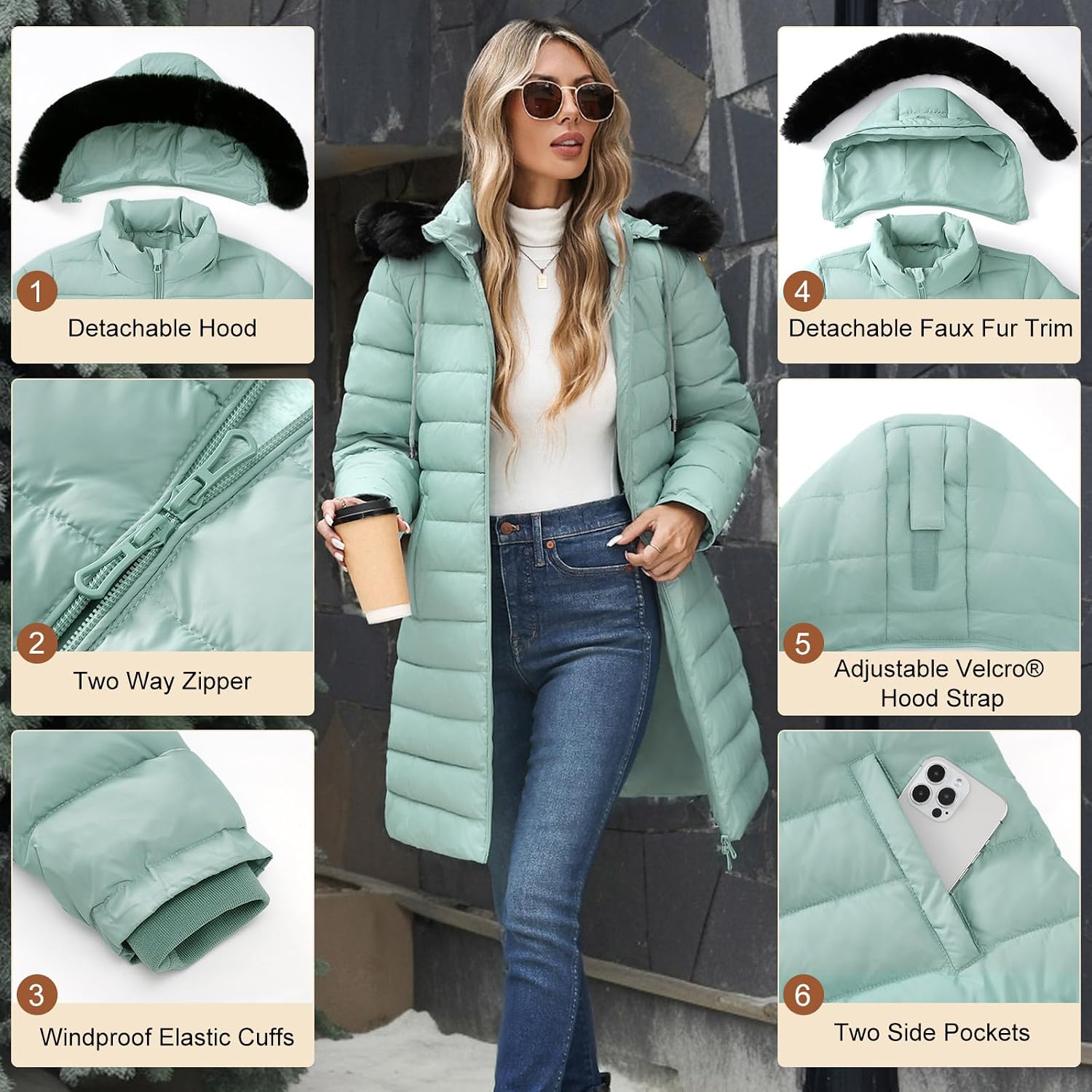 Detalle de RITOSTA Women's Long Winter Coat with Fleece Lining and Removable Faux Fur Hood