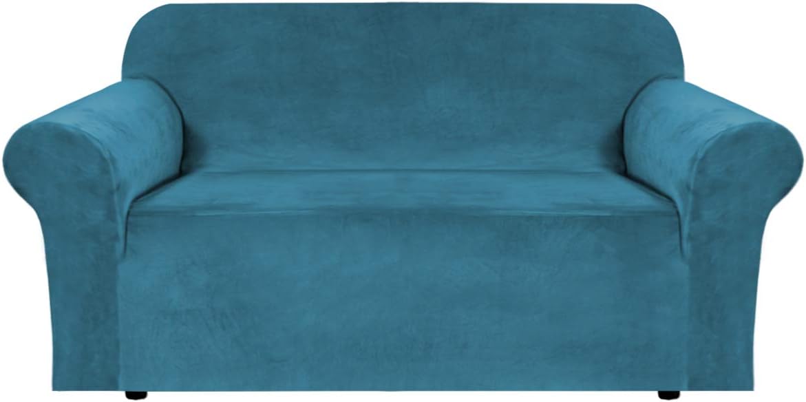 Detalle de H.VERSAILTEX Velvet Loveseat Slipcover, Peacock Blue, Stretch Fit, 58–72 Inches