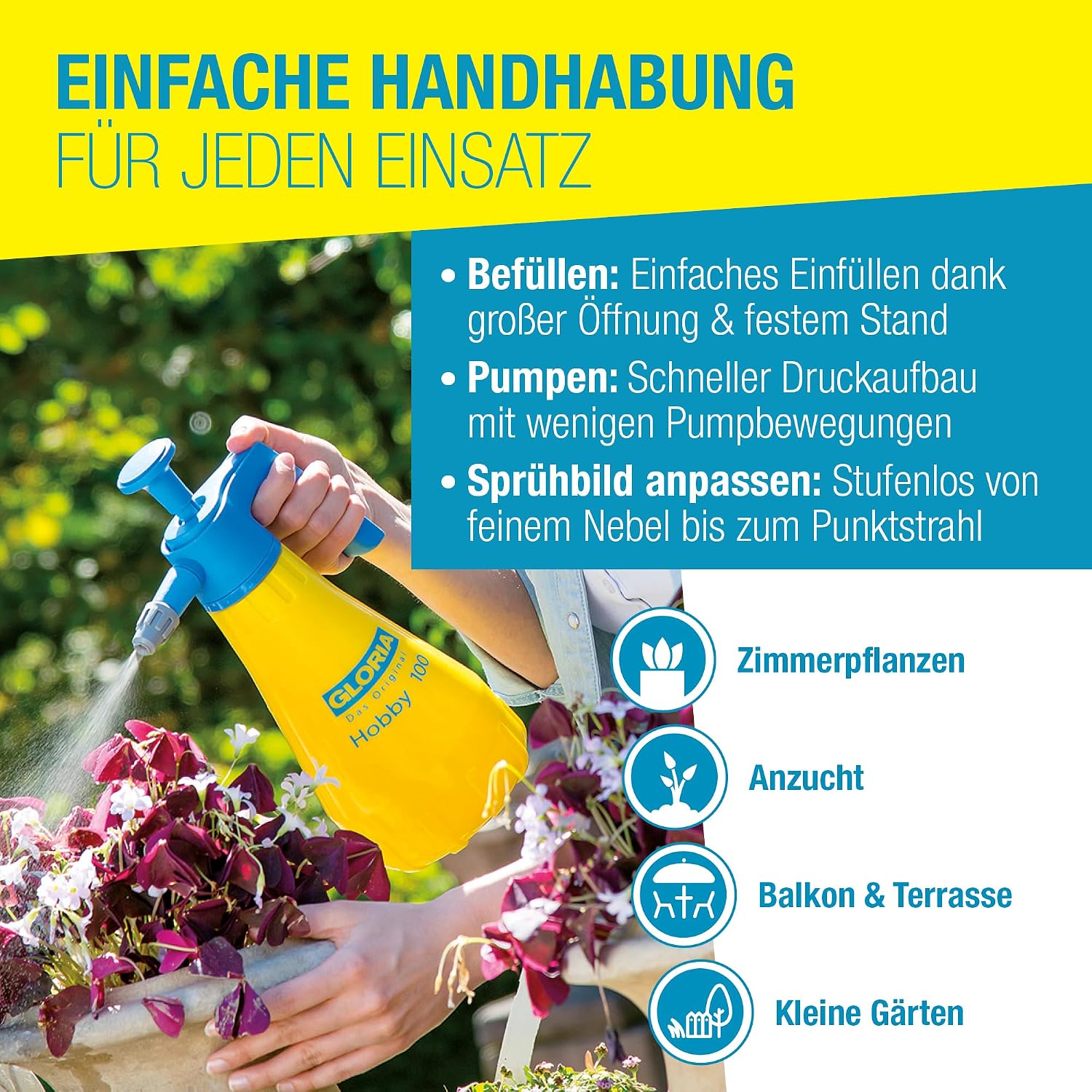 Detalle de GLORIA Hobby 100 Sprühflasche 1 L – Präzisions-Drucksprüher für Garten, Balkon und Zimmerpflanzen