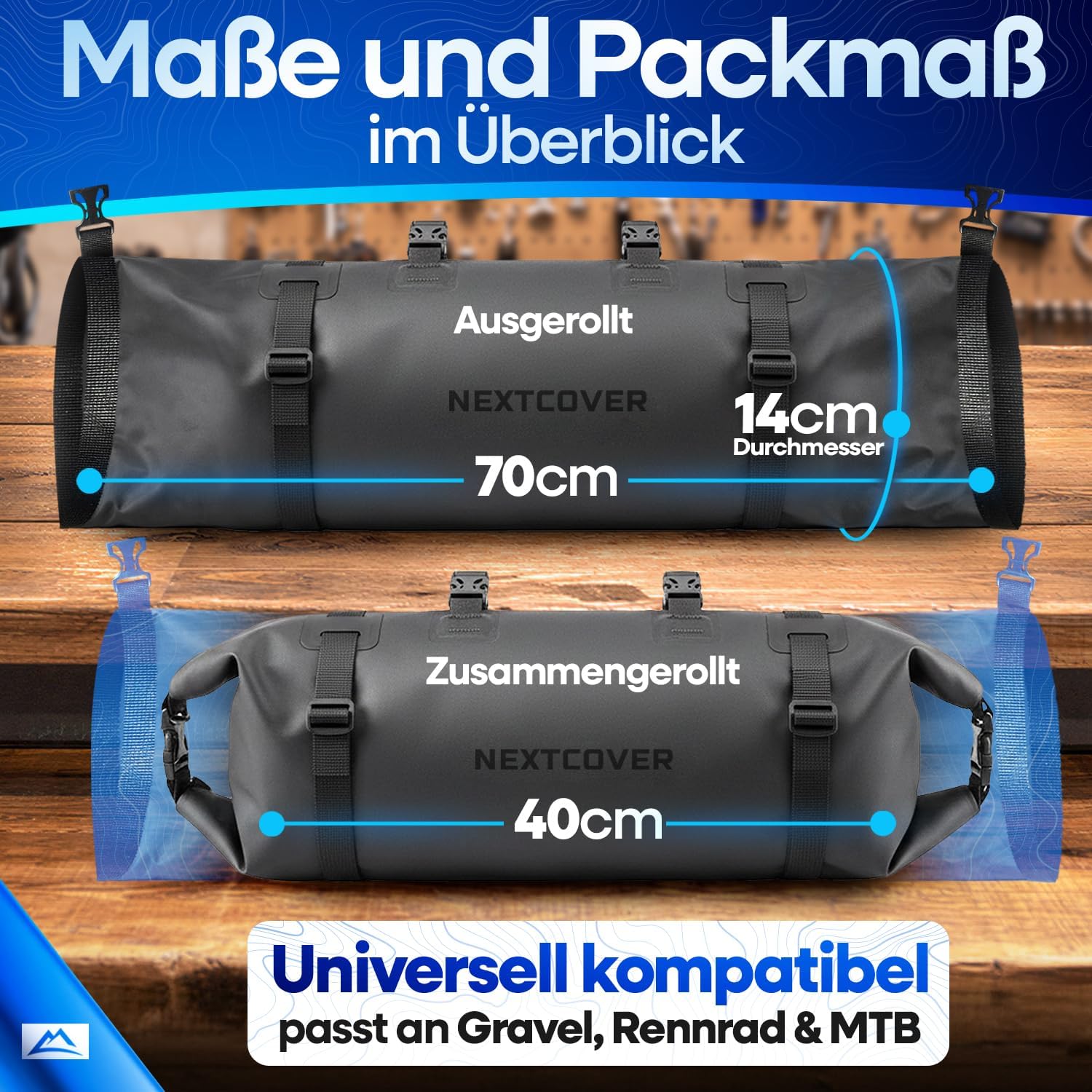 Detalle de Nextcover® Bikepacking Lenkerrolle 10L – Wasserdichte Lenkerstasche für Gravelbike, MTB und Rennrad