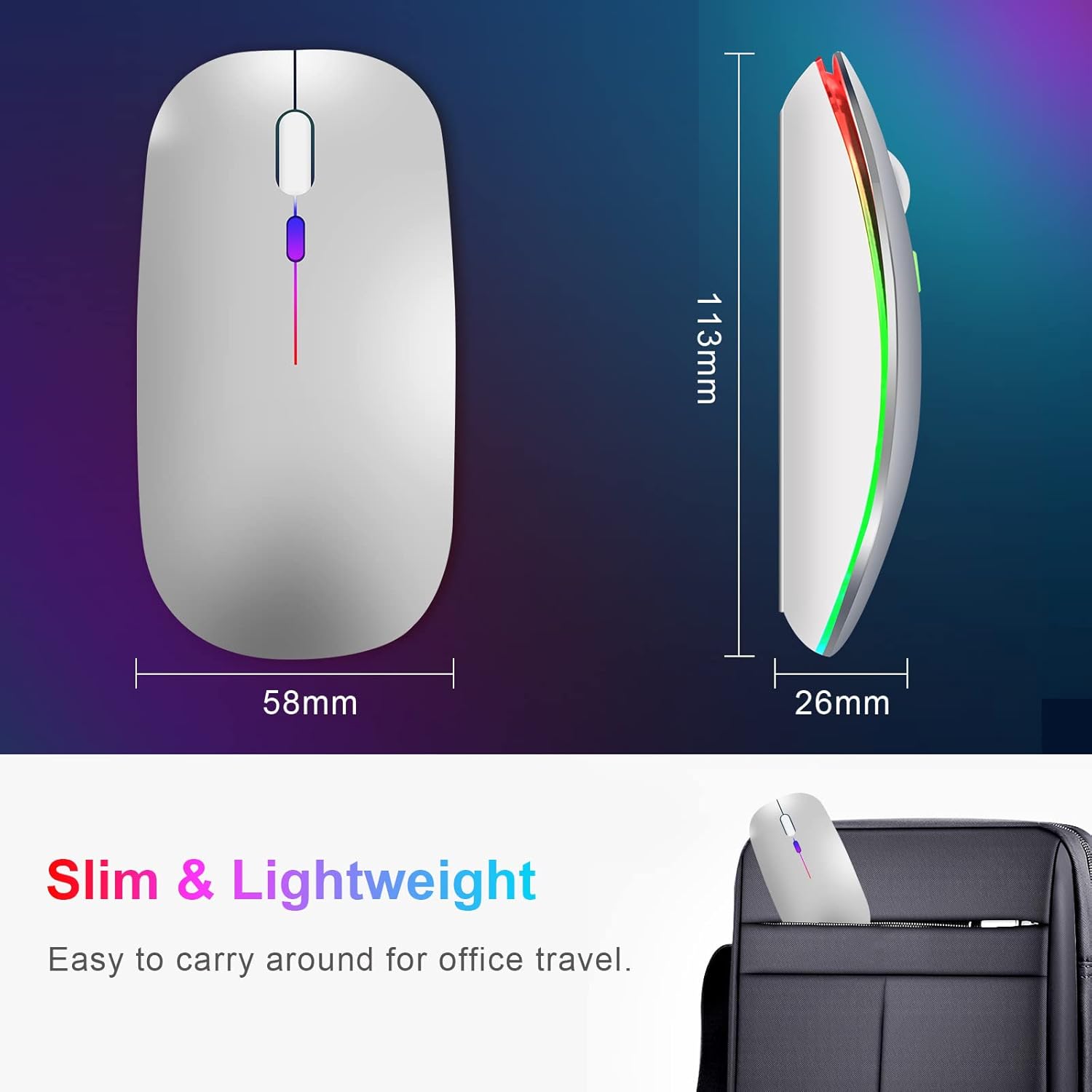 Thumbnail 5 de Wireless Bluetooth Mouse for Laptop (Silver) — Dual Mode, Rechargeable, Quiet Clicks