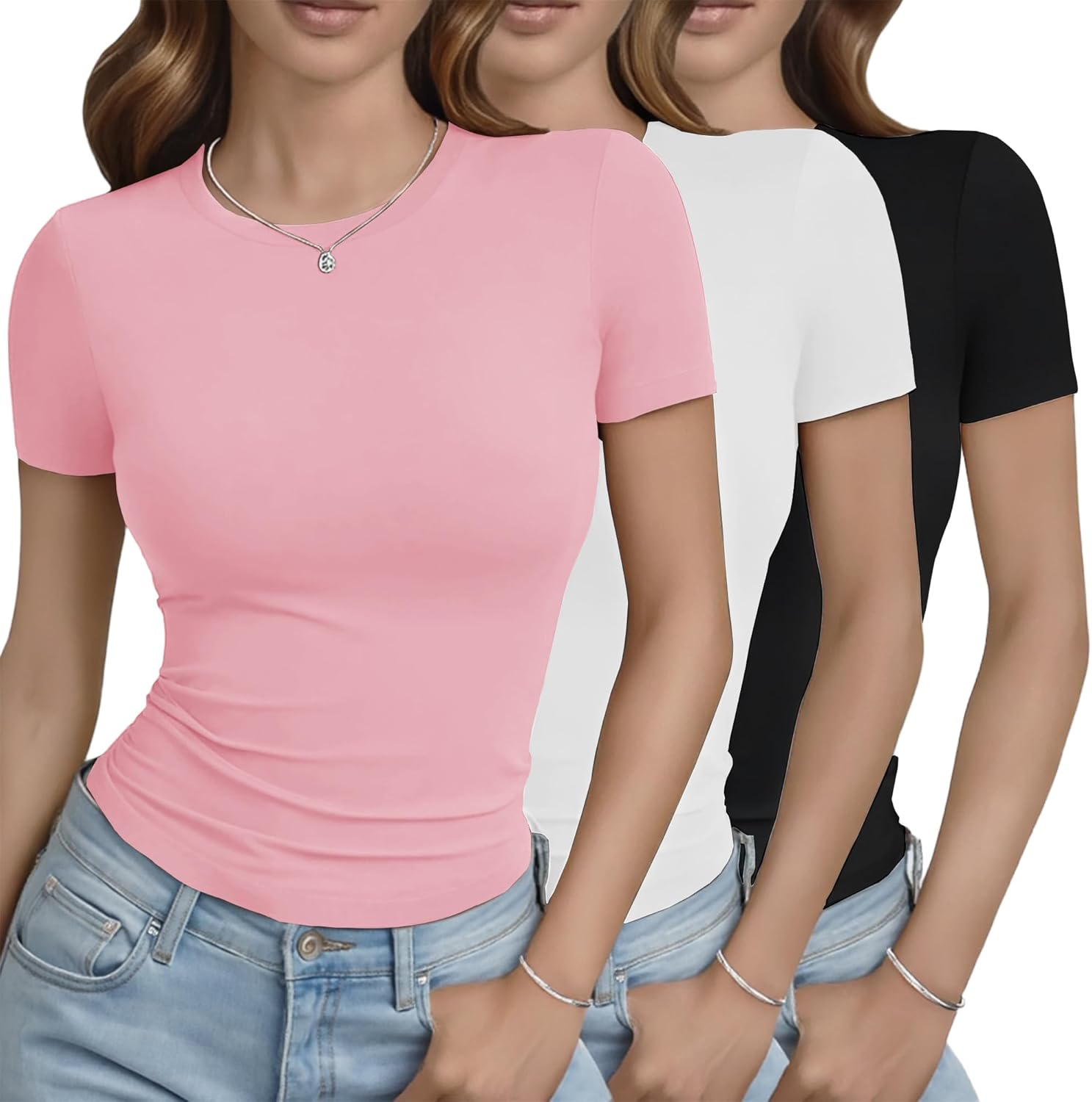 Detalle de GAYHAY 3-Pack Basic Tees for Women (Crew Neck Slim Fit, Roll-Up or Full-Length)