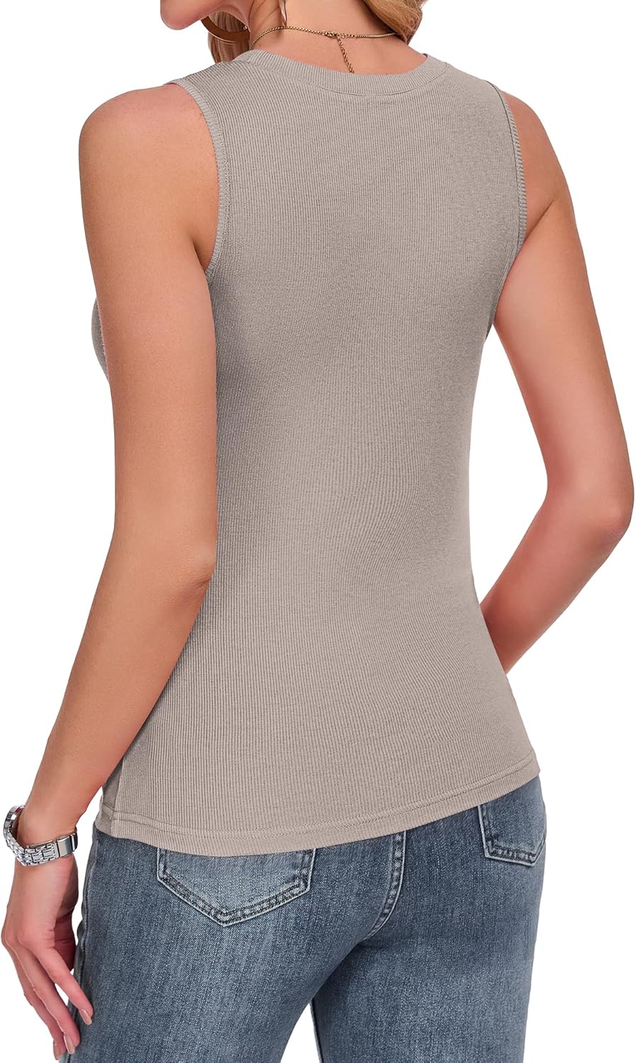 Detalle 2 de PLMOKEN Damen Tank Top Sommer – Rippenmuster, Rundhals, Slim Fit