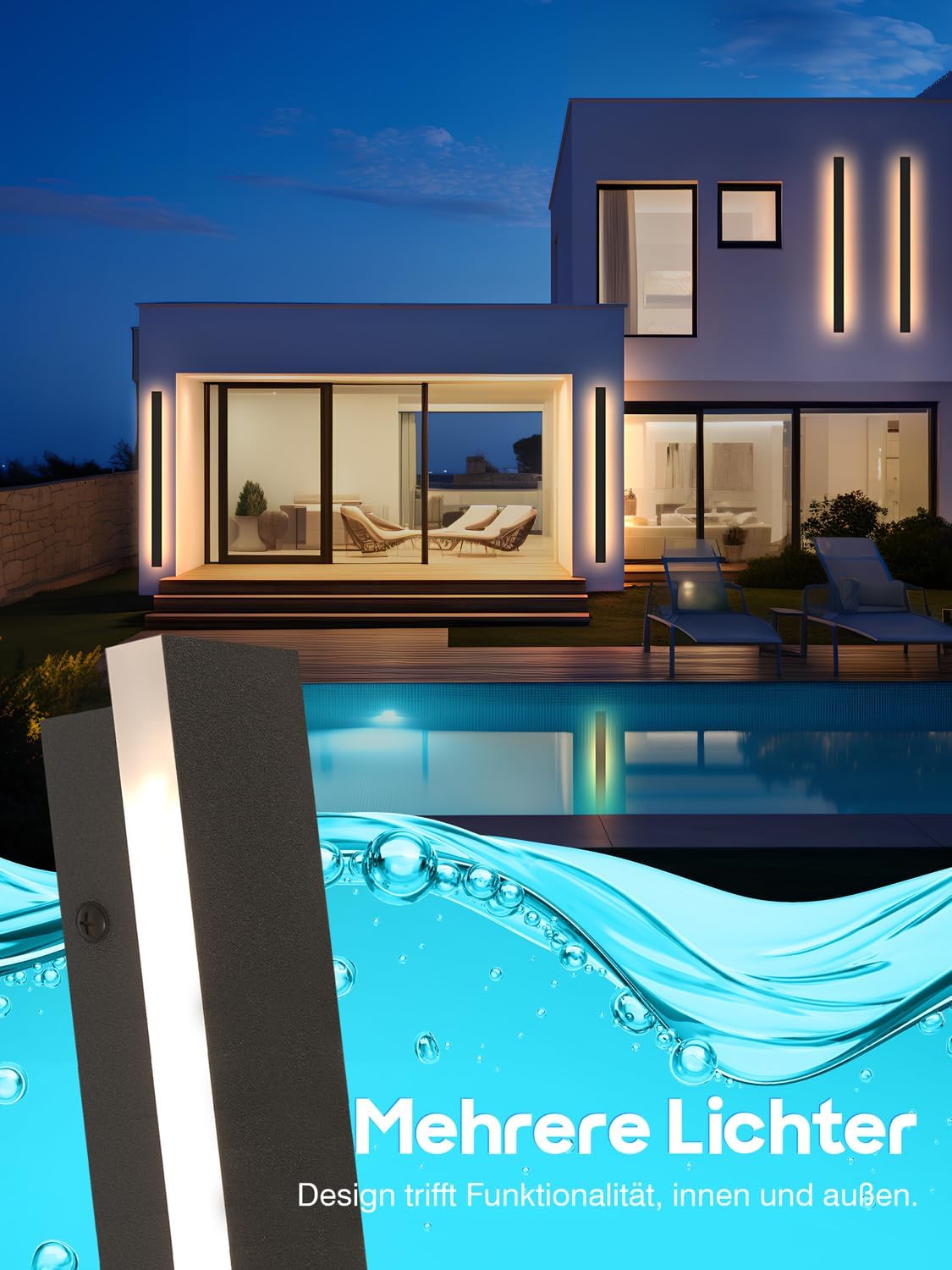 Detalle 2 de AOEH Lange Wandleuchte „Villa“ schwarz, LED außen & innen, Aluminium/Acryl, IP65, 48 W, 150 cm