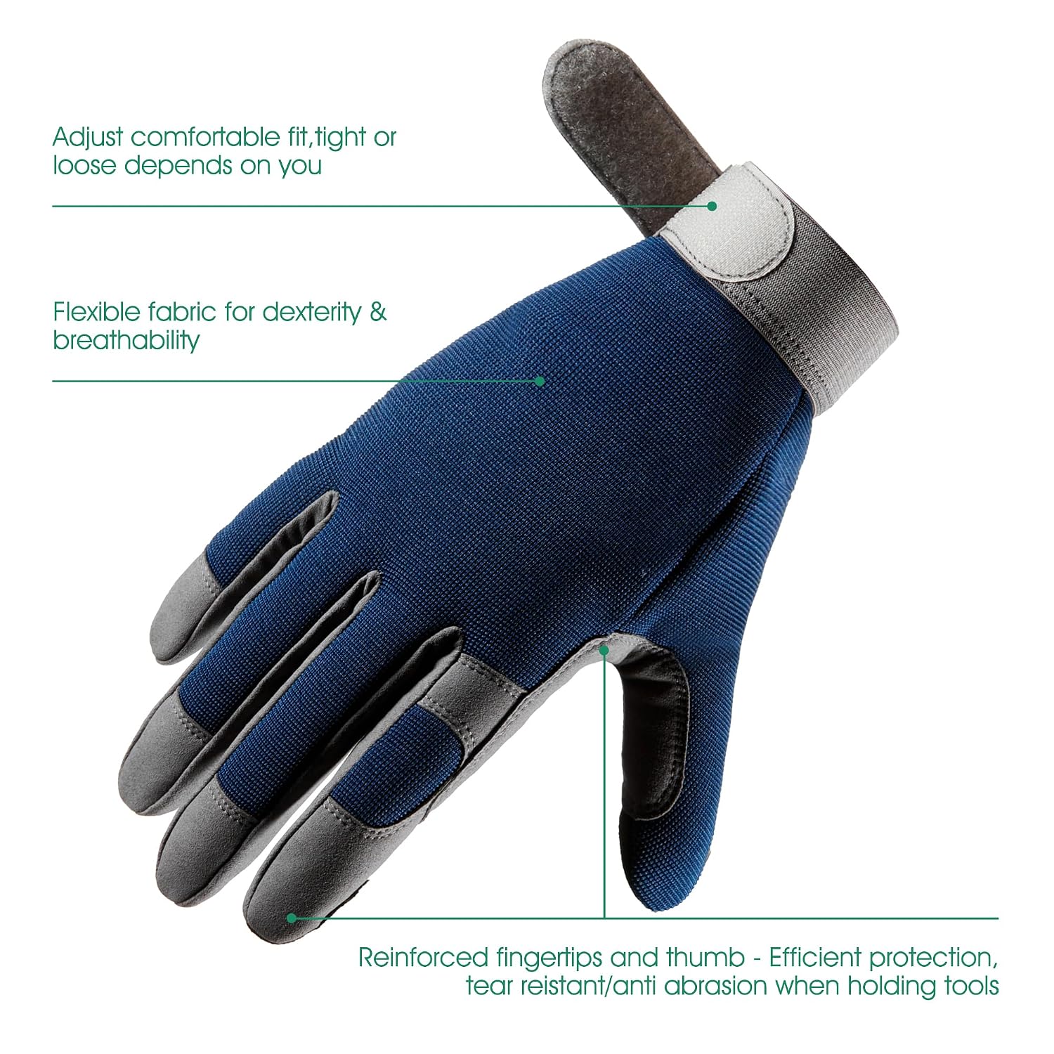 Detalle 2 de COOLJOB Touchscreen-Gartenhandschuhe (durchstichsicher), gepolstert mit Klettverschluss – Navy, XL (1 Paar)
