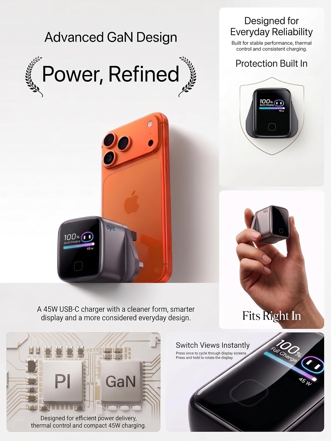 Detalle de 45W USB C Fast Charger Plug with Smart Display – Real-Time Wattage, Model Recognition and Safe Charging