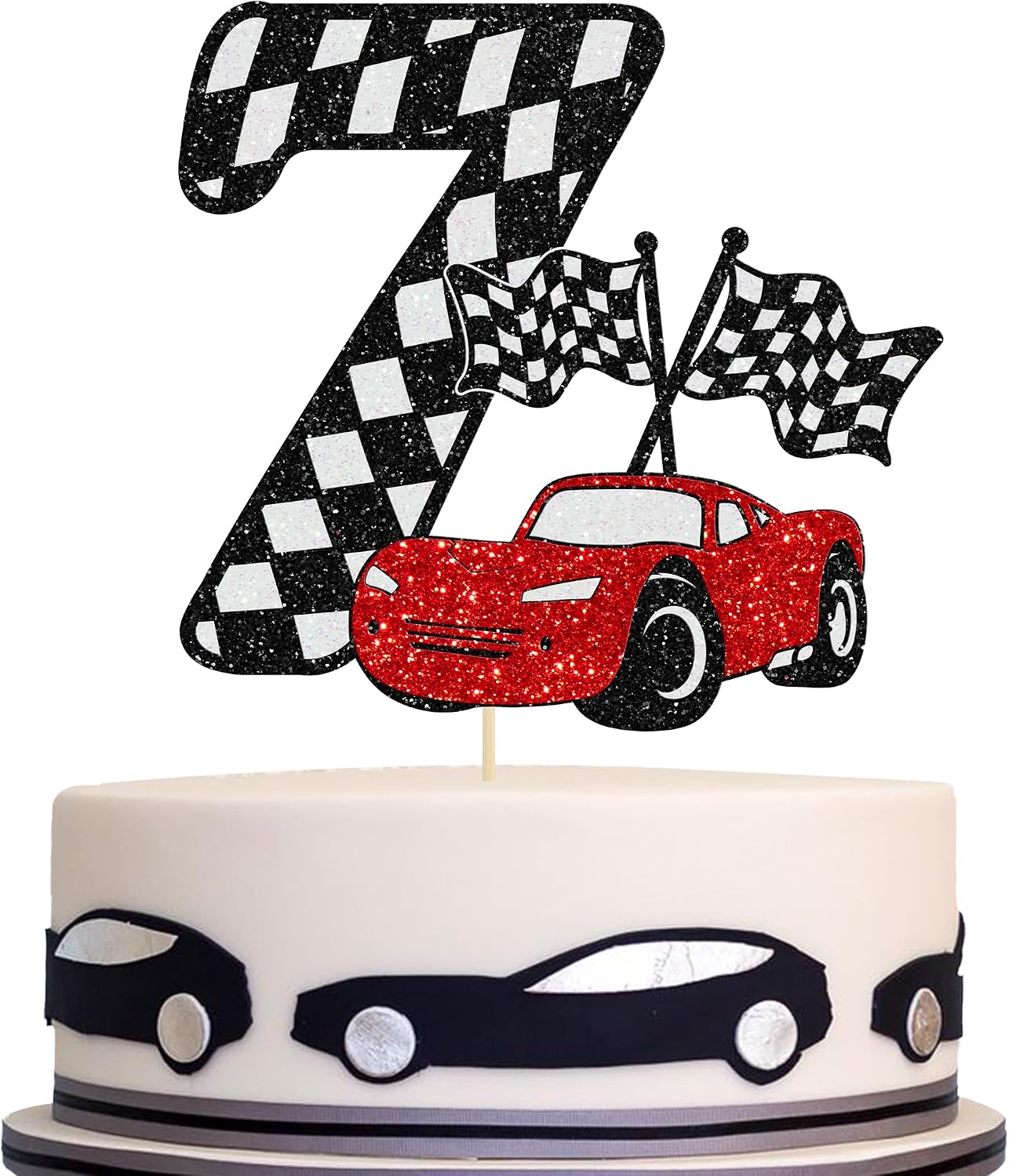 Detalle de Gyufise 7th レースカーケーキトッパー グリッター・チェッカーフラッグテーマ