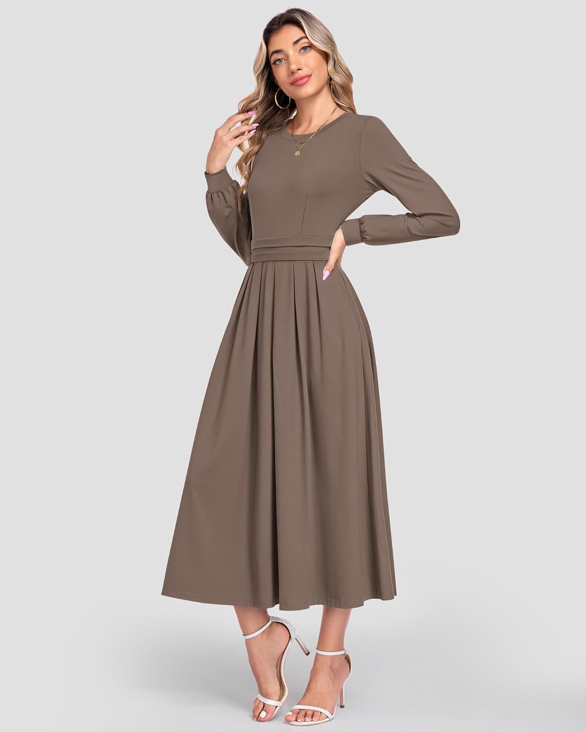 Detalle de MOLERANI Women's Long-Sleeve Maxi Dress with Pockets, High Waist and A-Line Knit