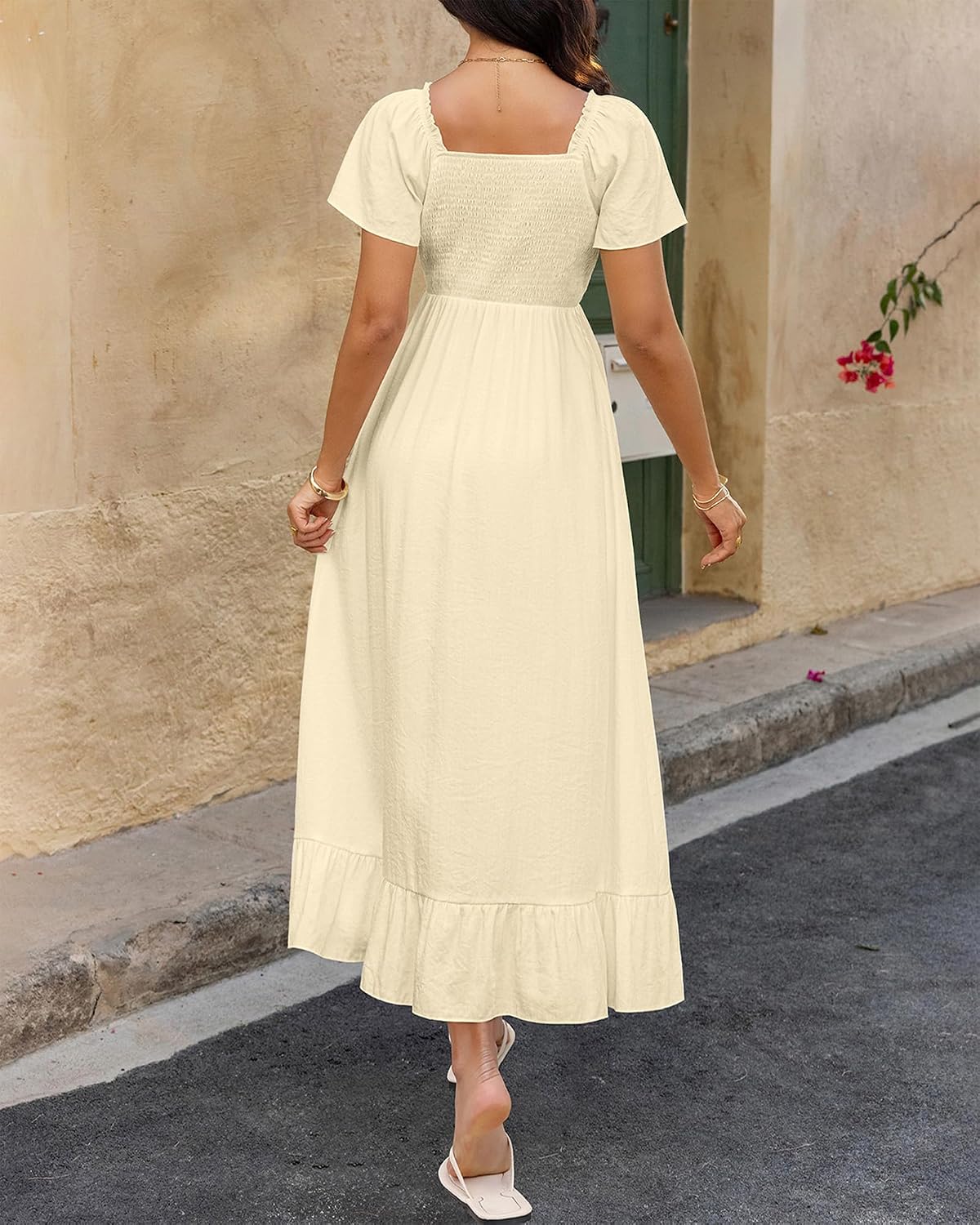 Detalle de BTFBM Women's Summer Maxi Dress 2026: Casual V-Neck Drawstring Boho Beach Gown
