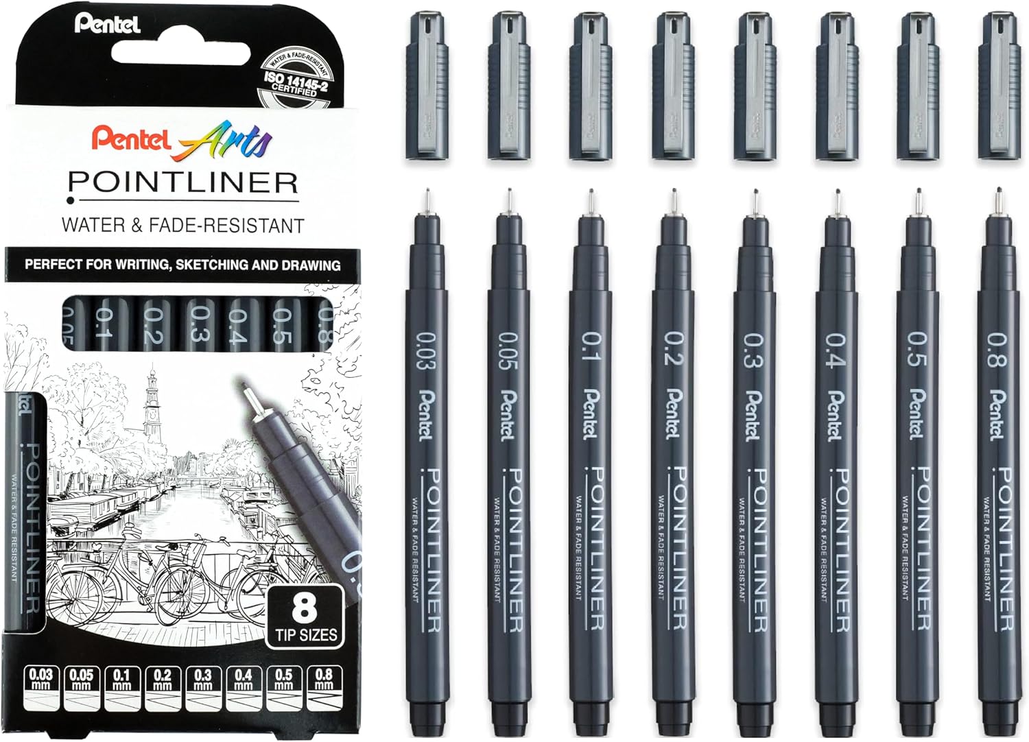 Detalle de Pentel Pointliner S20P finelinerpennor, 8-pack med svart pigmentbläck