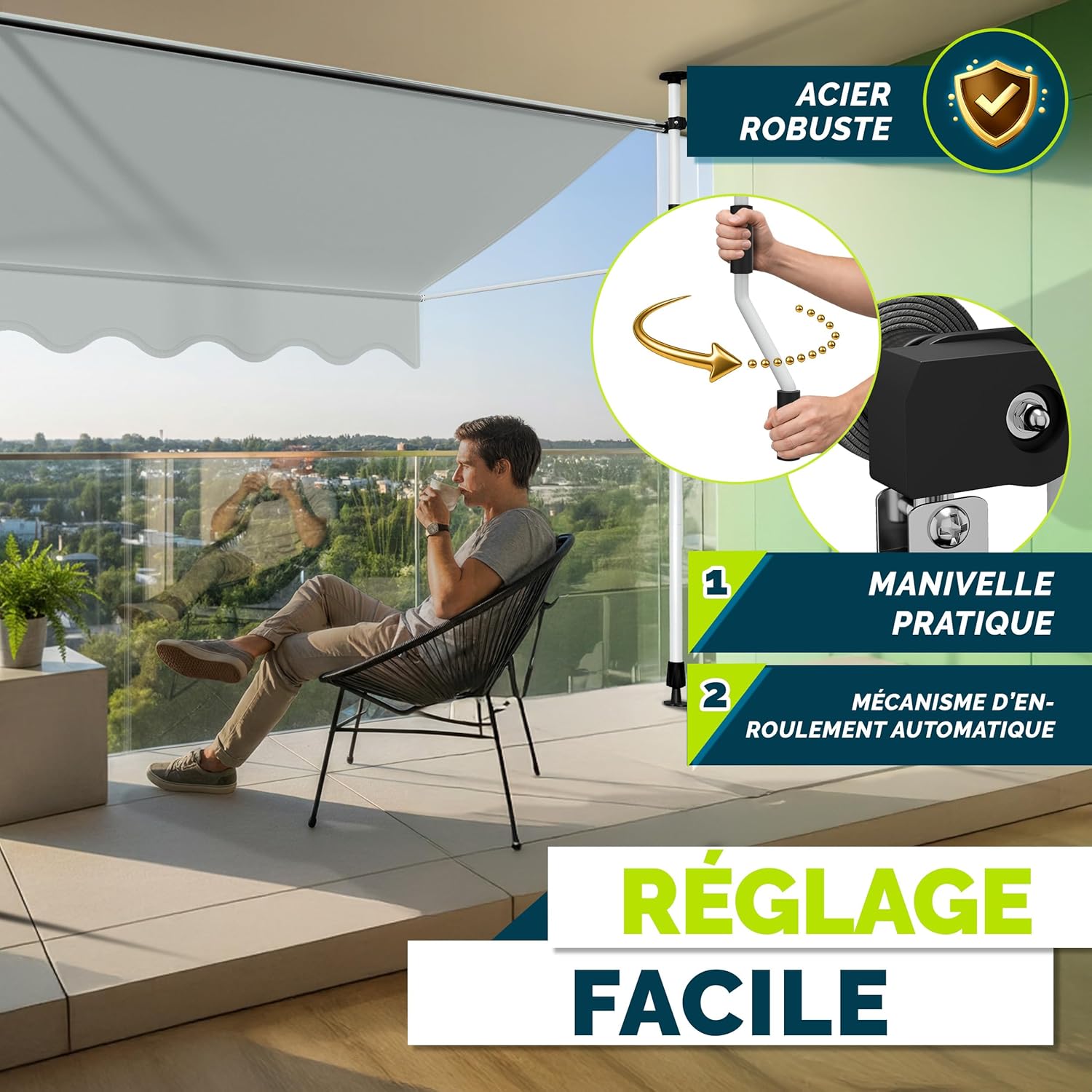 Thumbnail 4 de tillvex Store Banne Manuel rétractable avec manivelle pour Balcon – Marquise de terrasse Gris clair 150 cm