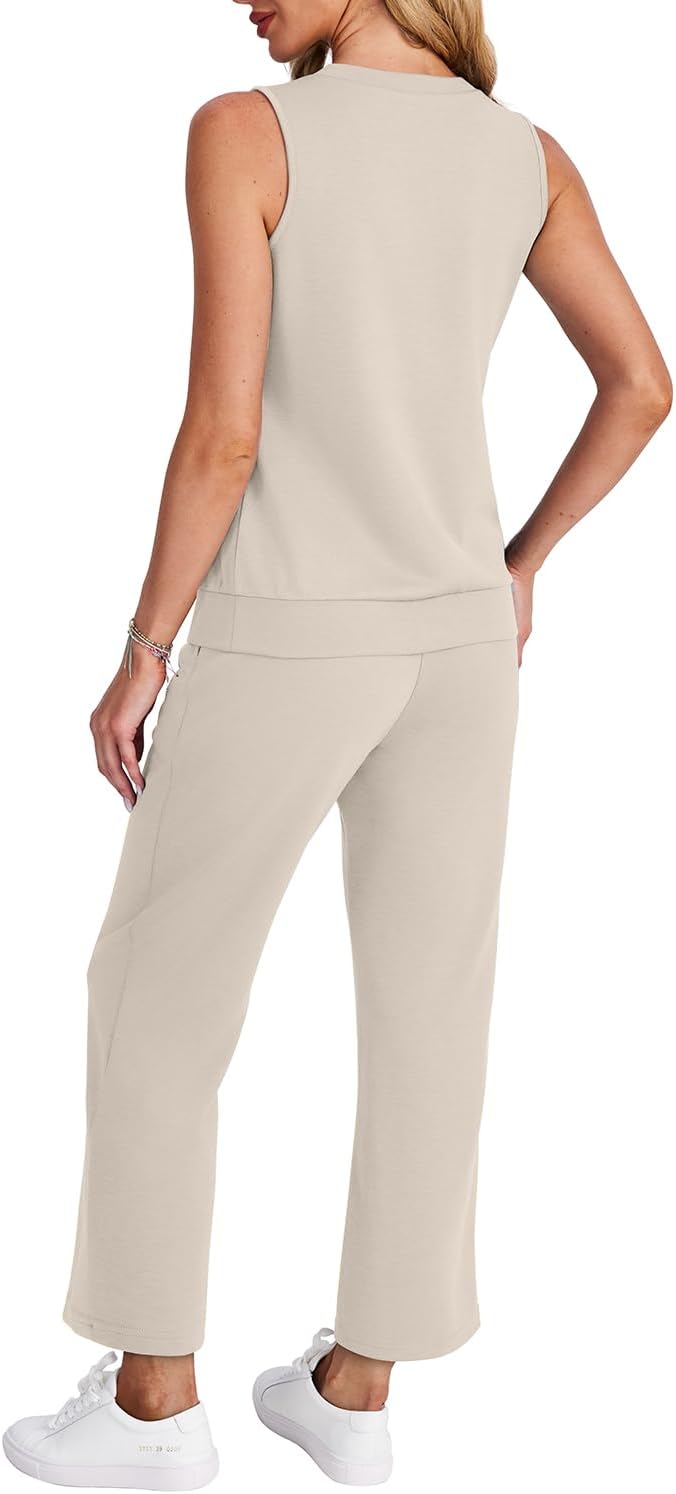 Detalle de WIHOLL Two Piece Set for Women: Summer Lounge Set with V-Neck Top and Wide-Leg Pants