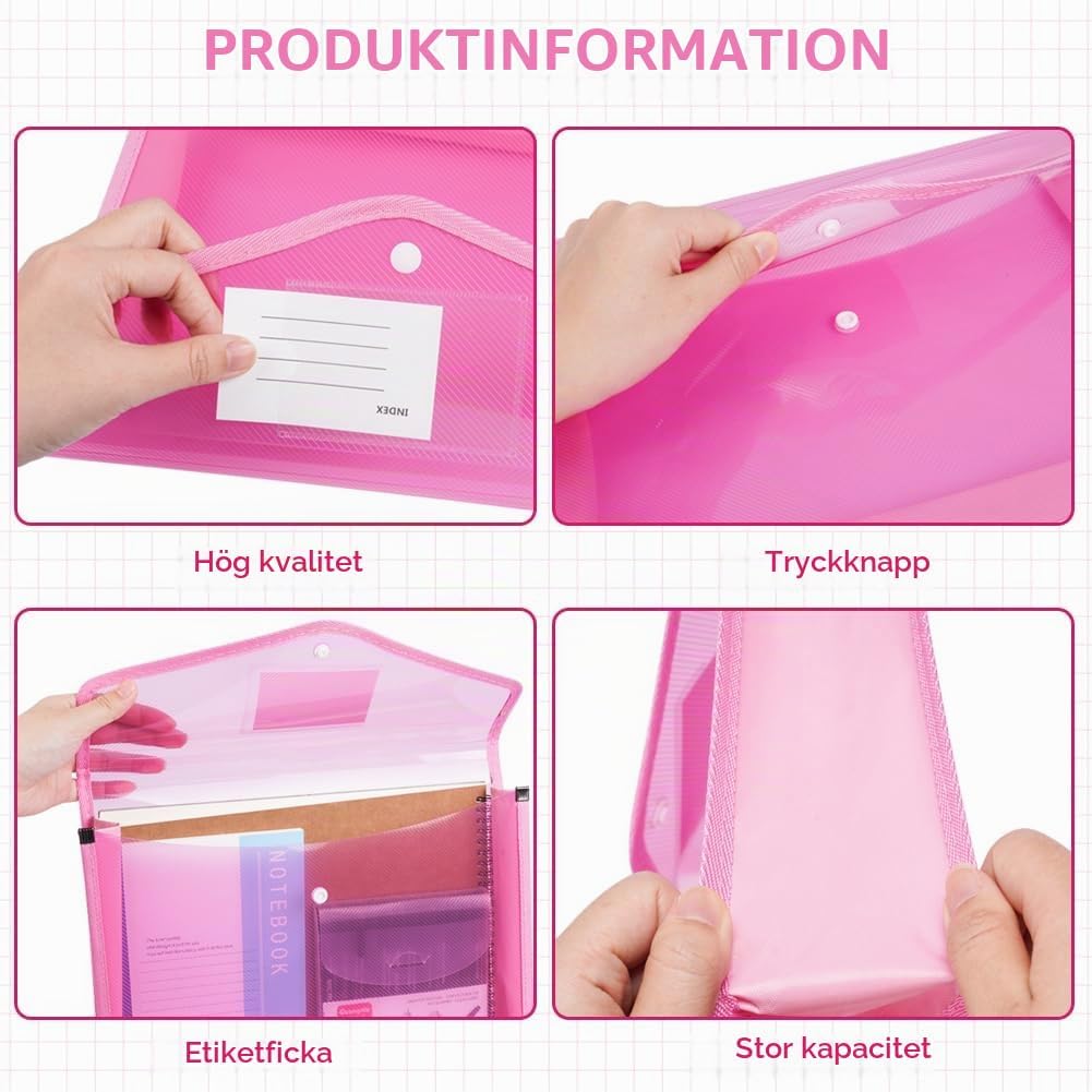 Detalle de Vicloon A4-plastfickor, 9-pack med tryckknapp och kortficka