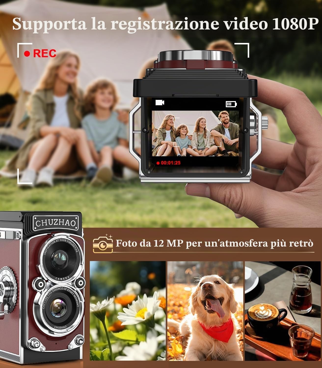 Thumbnail 4 de Mini fotocamera retrò vintage 12 MP 1080P: stile classico e praticità per giovani esploratori
