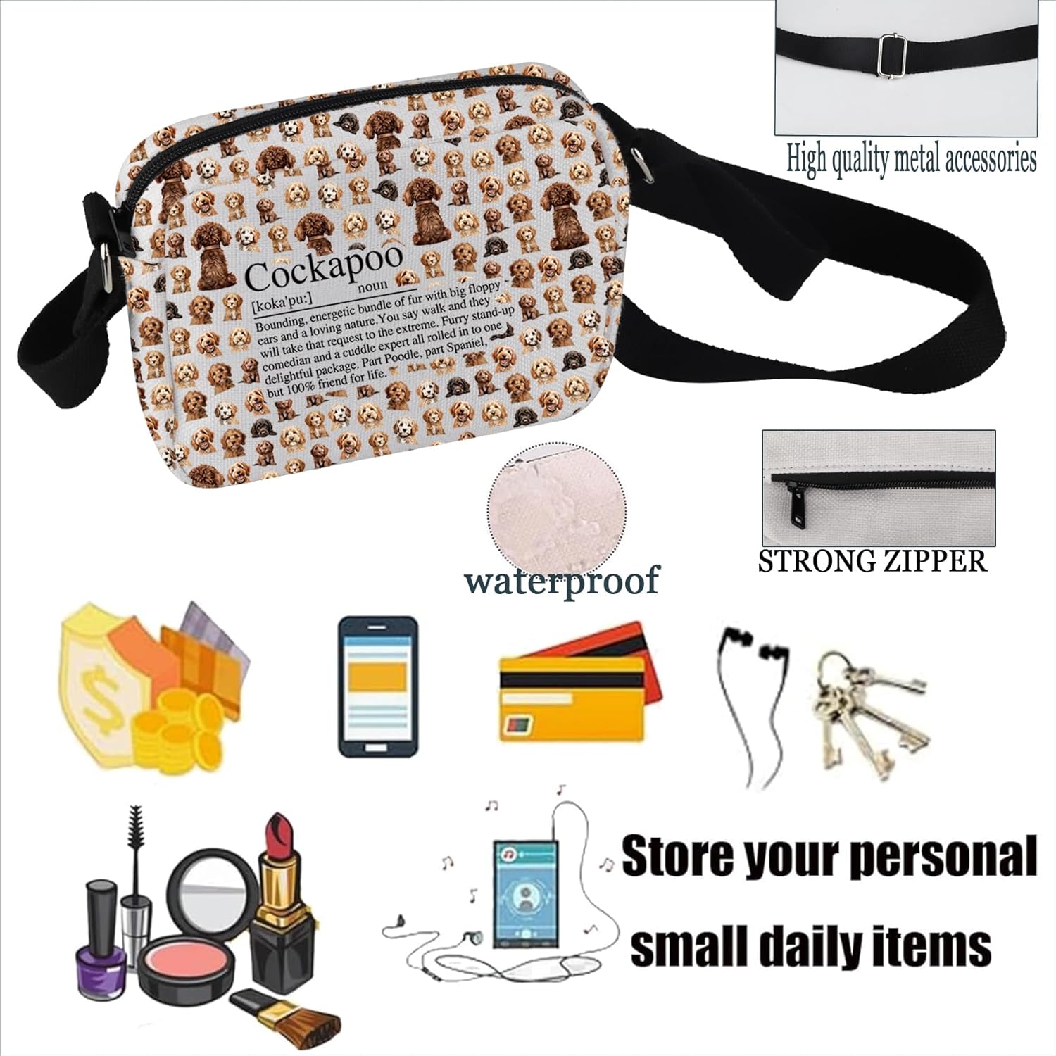 Detalle de PXTIDY Cockapoo Definition Crossbody Bag – Practical Gift for Cockapoo Lovers