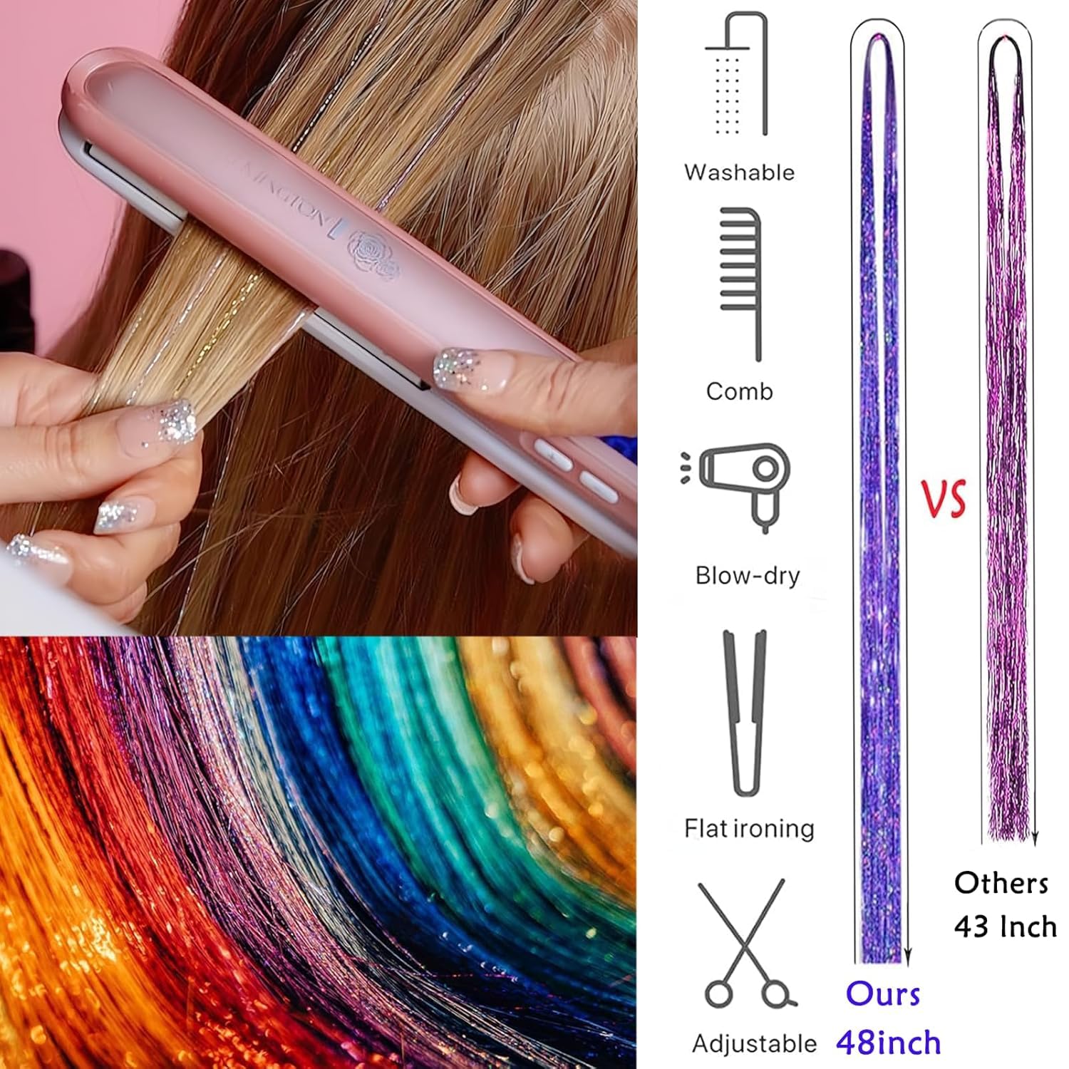 Detalle de LEDIZE 18-Color Hair Tinsel Kit, 48-Inch Heat-Resistant Polyester Strands
