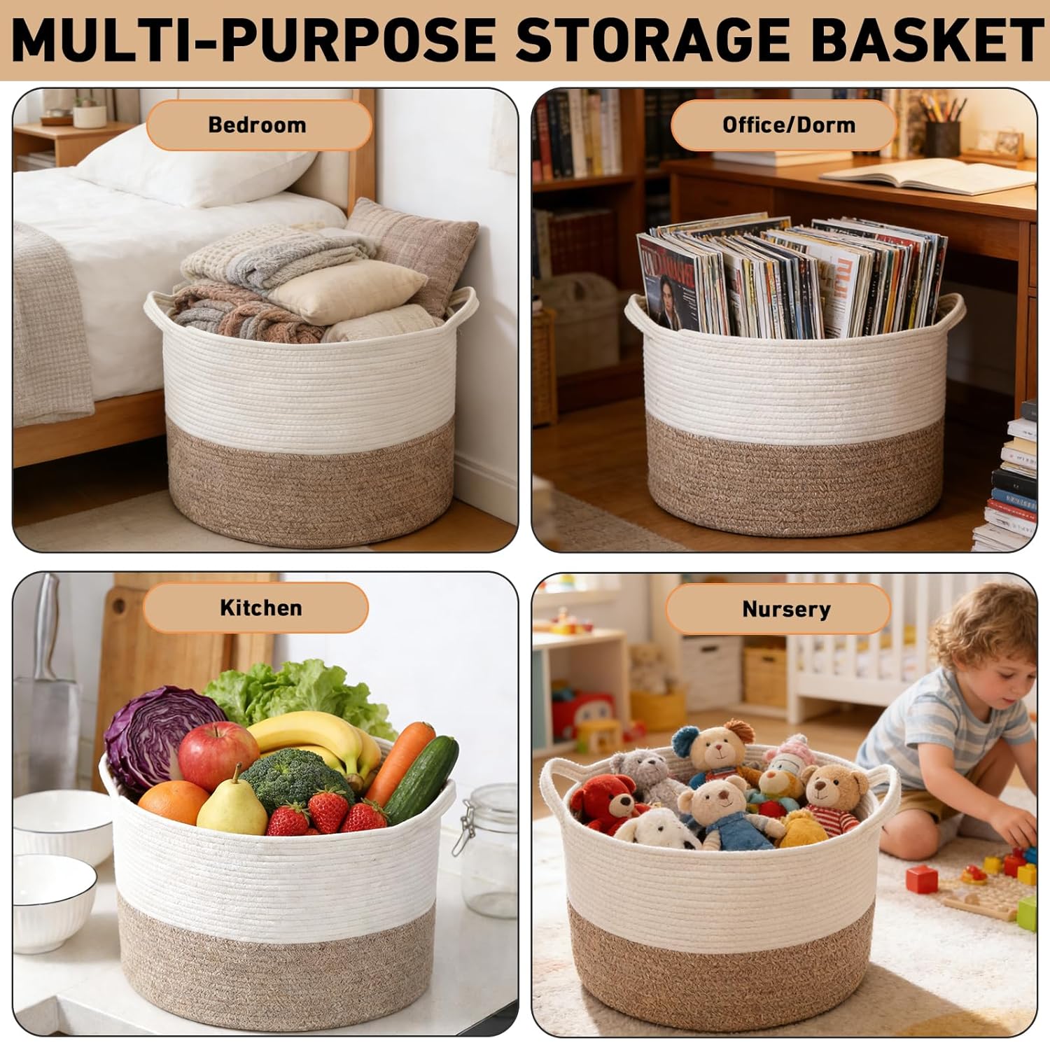 Thumbnail 4 de HZFTJOY 65L Large Blanket Basket (19.7 in x 19.7 in x 13 in) Rope Woven Storage Bin with Handles
