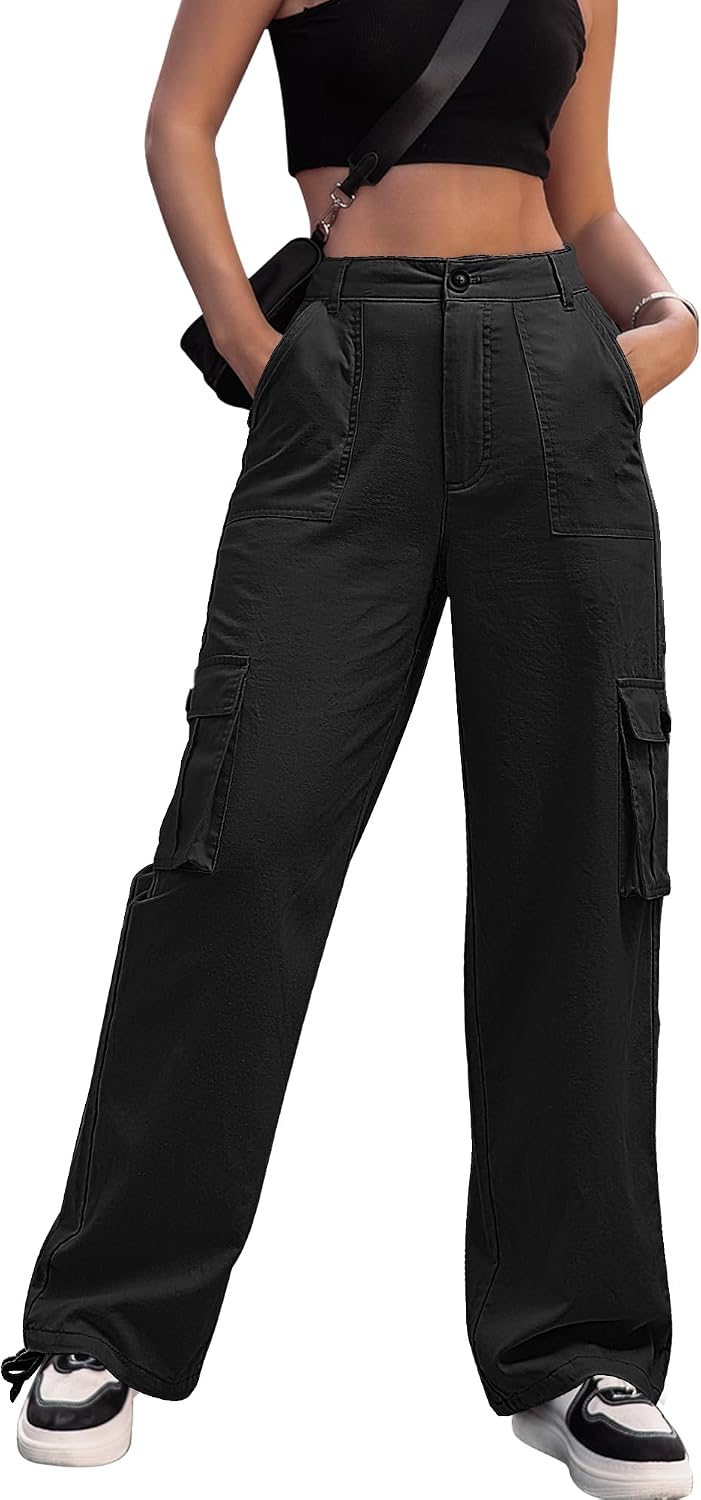 Detalle de ZMPSIISA Women's High-Waisted Wide-Leg Cargo Pants, 6 Pockets, Cotton-Spandex Blend
