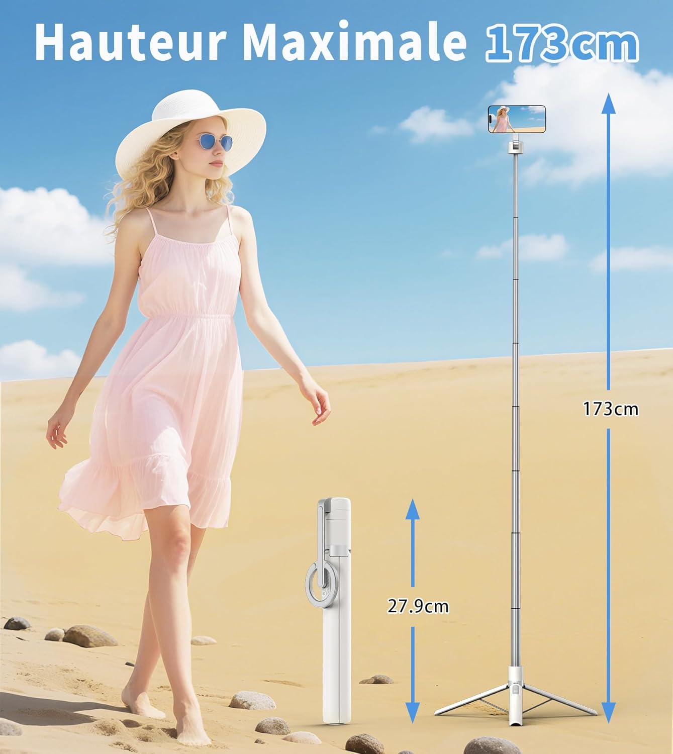Detalle de TONEOF 173cm Perche Selfie Magnétique Trépied – Monopode télescopique avec fixation magnétique et télécommande